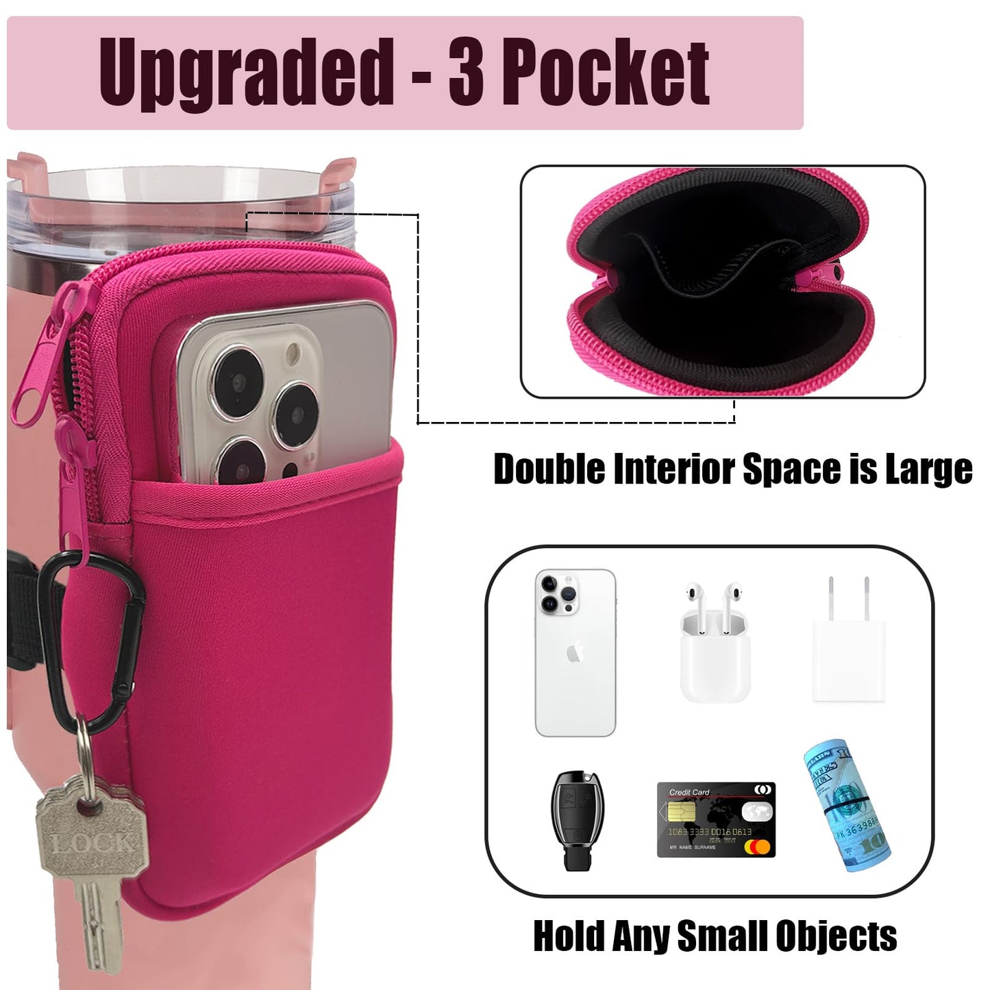 LMYUHONG Water Bottle Pouch For Stanley cup accessories 40oz 20oz 30oz,tumbler pouch with Versatile Pocket, for Cards, Keys,Earphone. Fits for Phones, Use for Running, Walking, Hiking,Biking,DeepPink