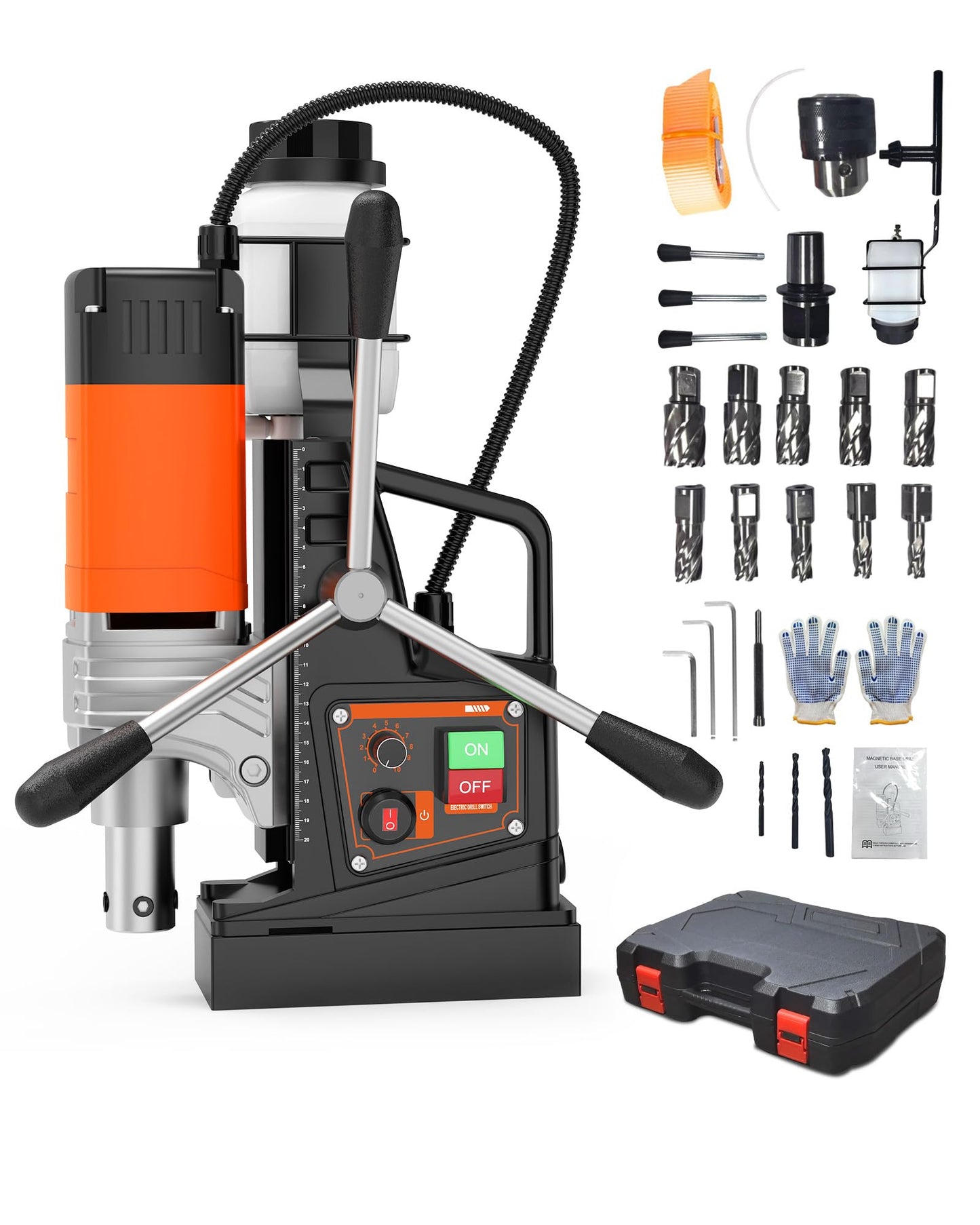 EliteEdge Magnetic Drill, 1750W 2" Boring Diameter, 2922Lbf Power Portable Magnetic, 810 PRM, 10-Speed，with 10Pcs Drill Bits 3Pcs Twist Drill and 1Pcs Plastic Box for Metal Surface, Industrial