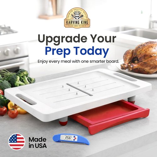 Large Cutting Board - XL Deluxe Meal Prep System with Meat Thermometer, Juice Groove, Spikes, Drip Tray & Removable BPA Free Cutting Board - Patented Multi-Feature Design Carving Board - Kitchen Gifts