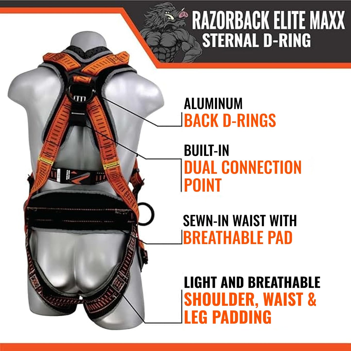 Malta Dynamics Razorback Elite MAXX - Safety Harness and Fall Protection Kit with Sewn in Lumbar Support Belt and Built-in Rescue Handles for Fall Arrest, OSHA & ANSI Compliant (Small-Medium)