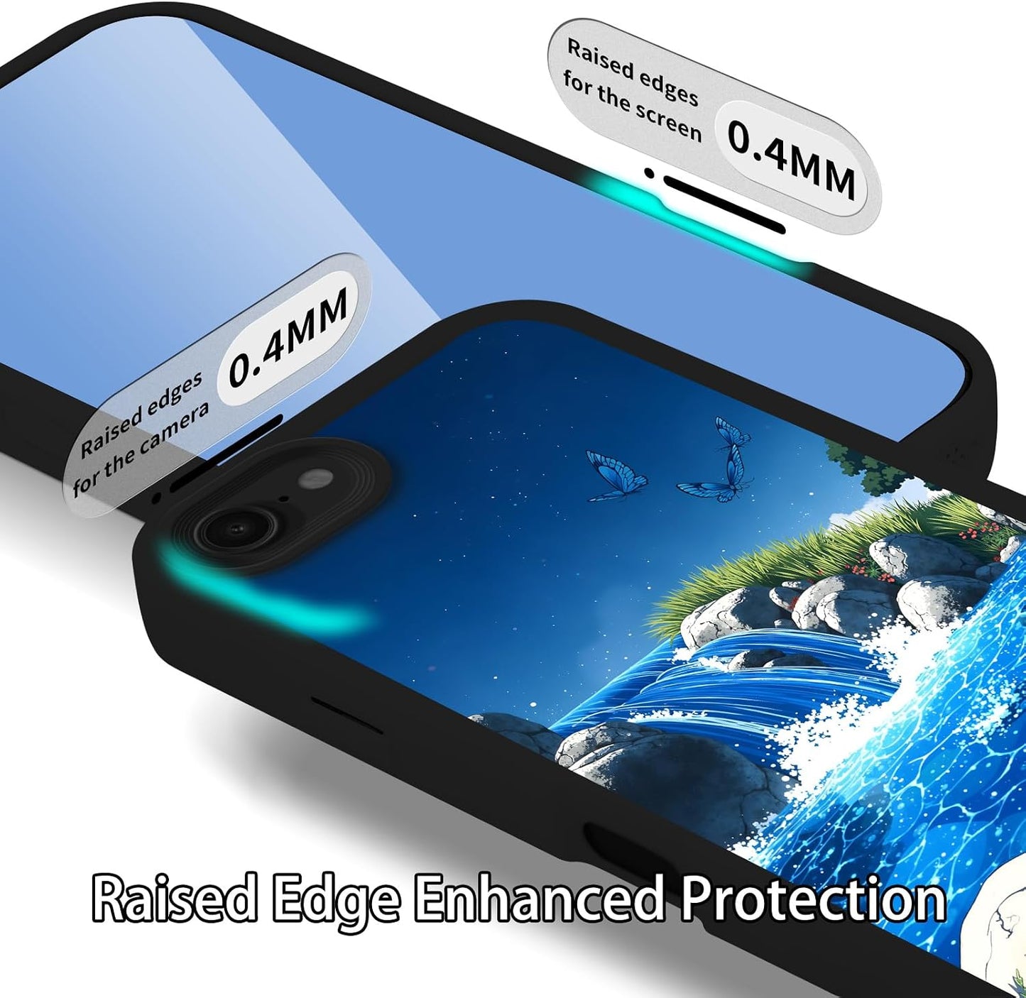 Branwen 16E 6.1 inch for iPhone Case Blue Waterfall Butterfly Soft Touch Step Design, Sparkling Water, Vivid Hues