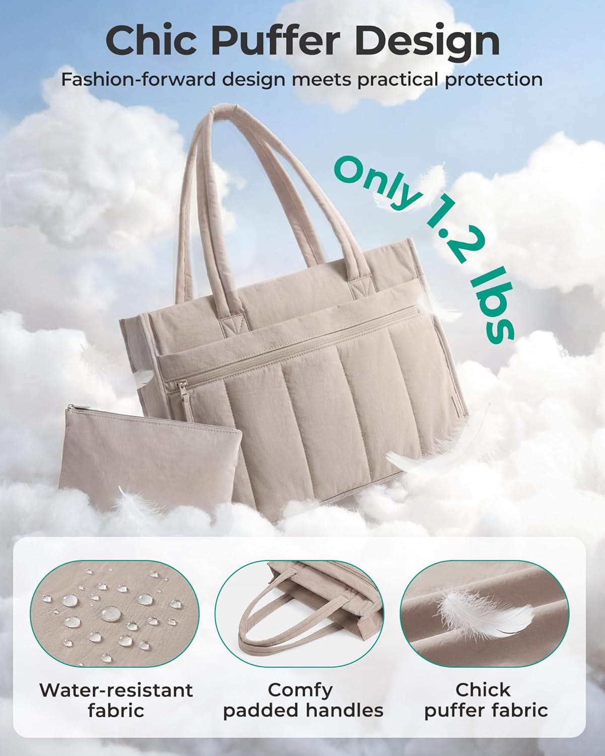 15.6 Inch BAGSMART Tote Bag for Women Puffer Laptop Work Bag Large Purse Shoulder Handbag Crush Bow Tote with Insulated