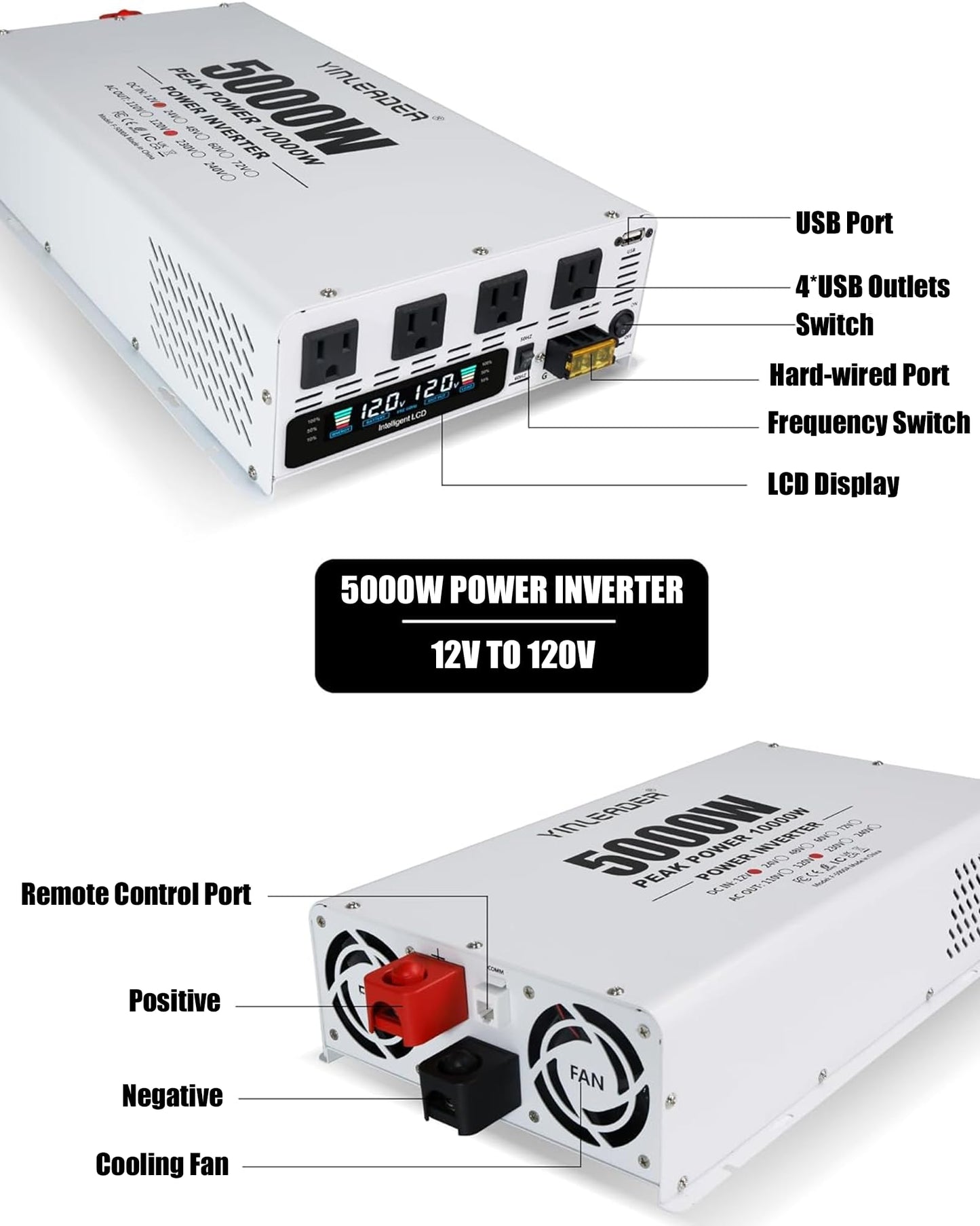 5000 watt Power Inverter 12V to 110V/120V, Solar Inverter Remote for RV Camping Off-Grid Solar Inverter Systems
