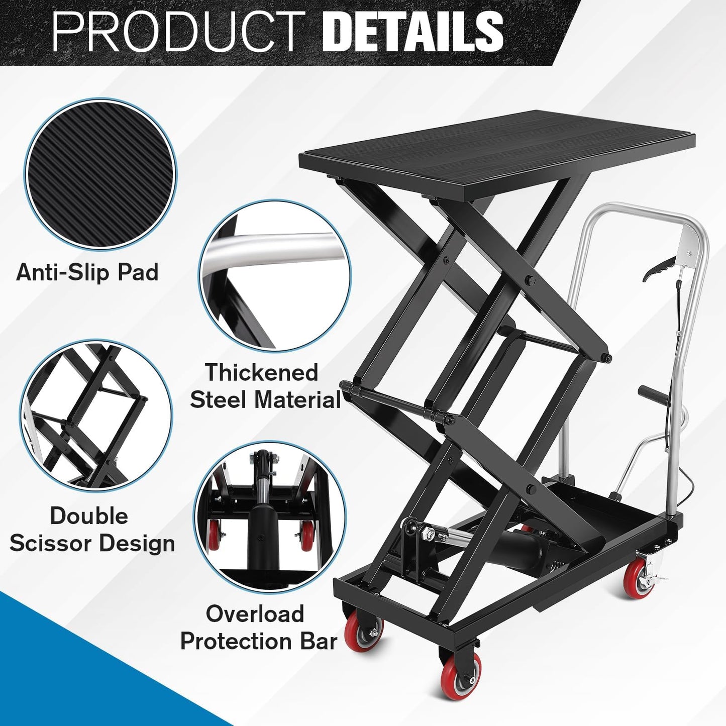 Hydraulic Lift Table Cart, 770lbs Capacity 50" Lifting Height Hydraulic Table Cart, Double Scissor Lift with Non-Slip Pad for Material Handling and Transportation, Black