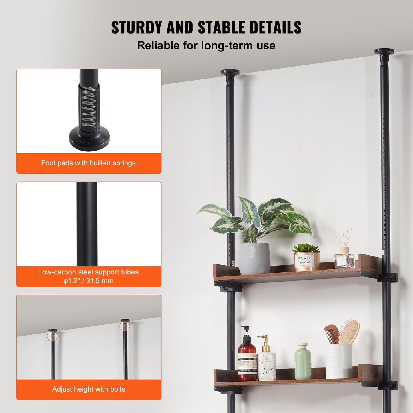 VEVOR Over the Toilet Storage, 4-Tier Adjustable Over Toilet Bathroom Organizer, Low-carbon Steel 53"-132" Tall Storage Shelf Rack, Easy Assembly Laundry Space Saver, for Small Rooms, Fit Most Toilets