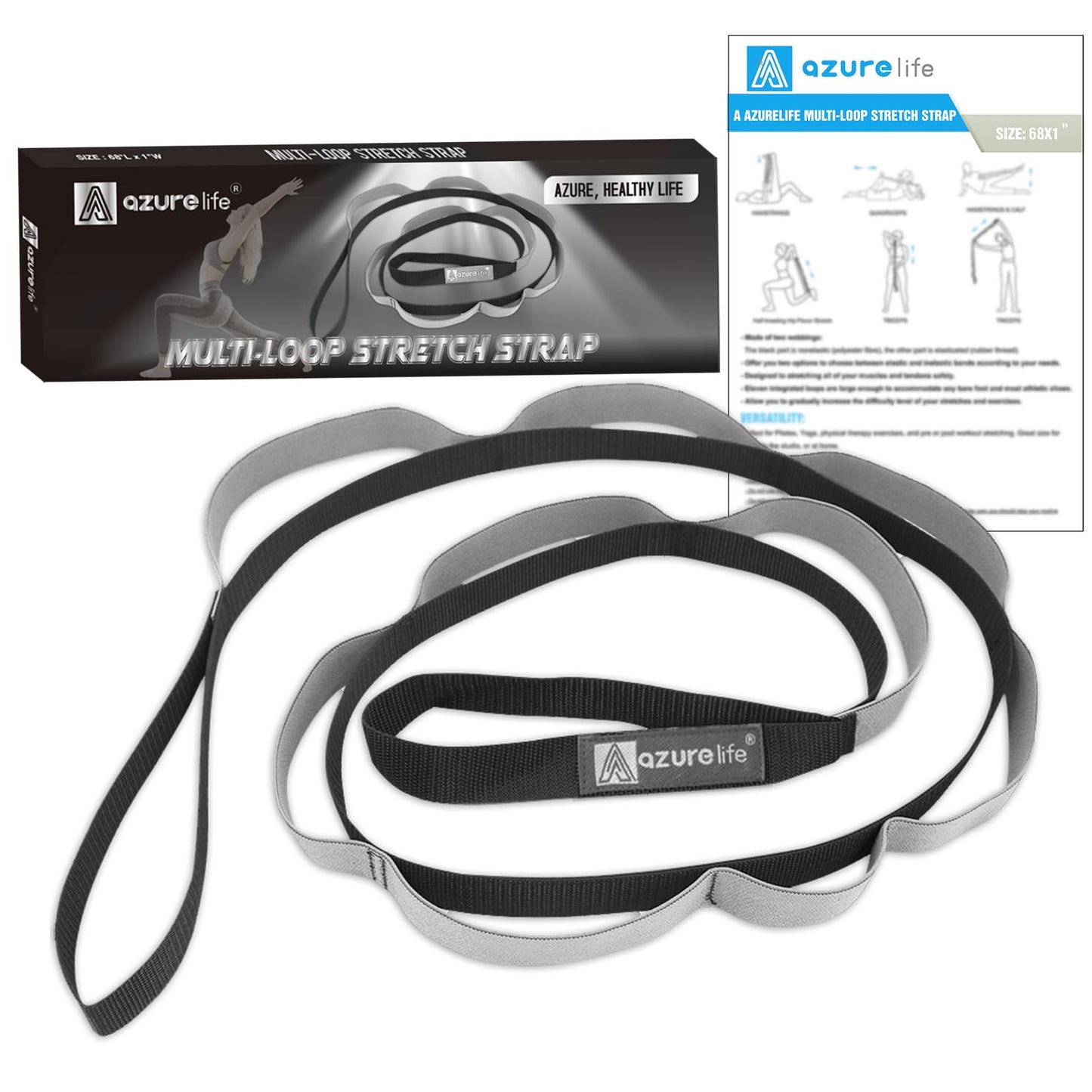 A AZURELIFE Half-Elastic Stretch Straps with 11 Loops, Stretching Strap for Physical Therapy, Multi-Loop Yoga Strap Fitness Exercise Strap for Yoga, Pilates, Dance, Flexibility&Exercise