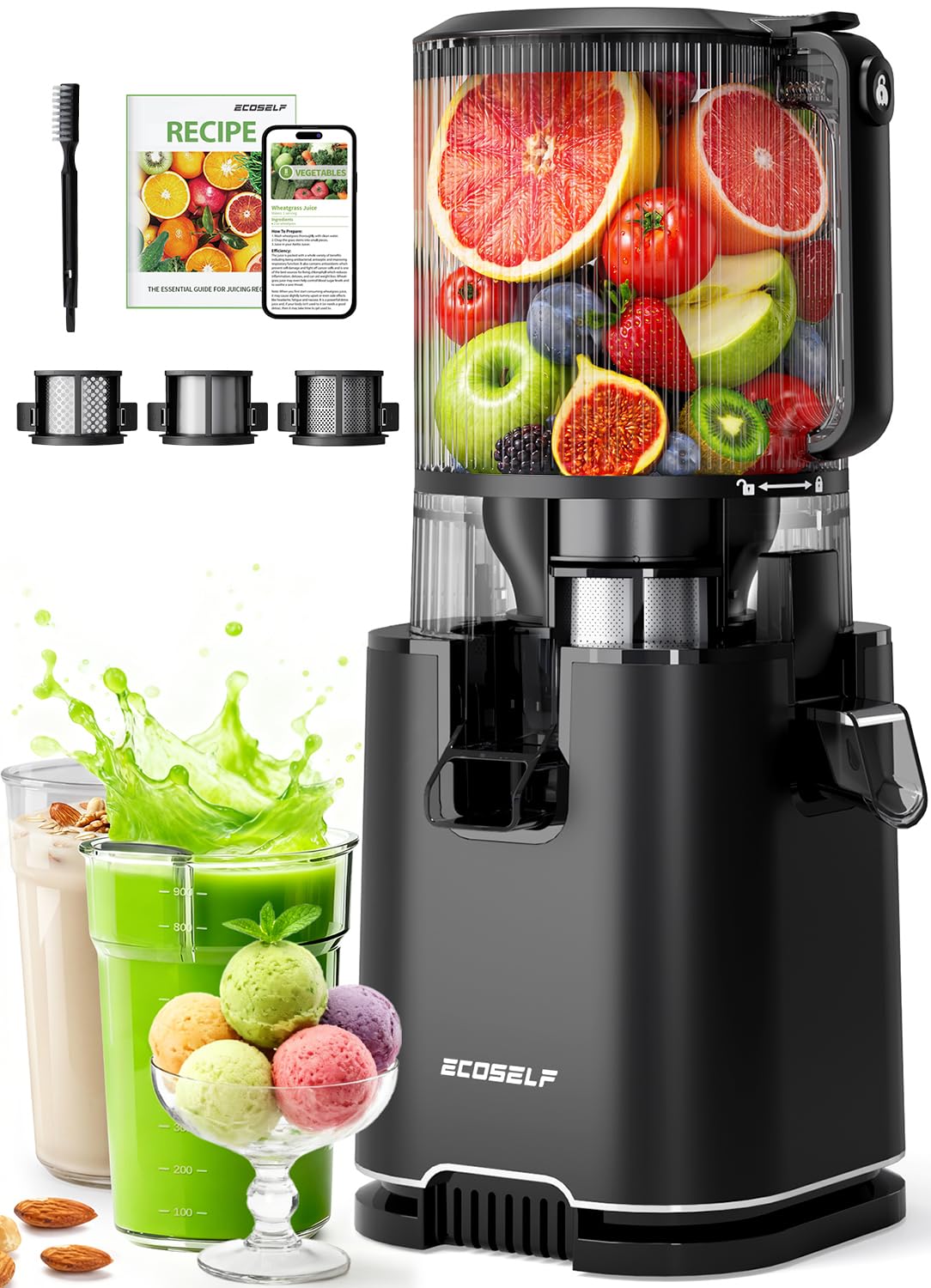 ECOSELF 3-in-1 Juicer with 3 Filters (Juice/Sorbet/Nut Milk), 6.0" Wide Mouth Hopper, Juicer Machines With Self Feeding & Hands-Free, Cold Press Juicer for Family Party, High Juice Yield, With Brush