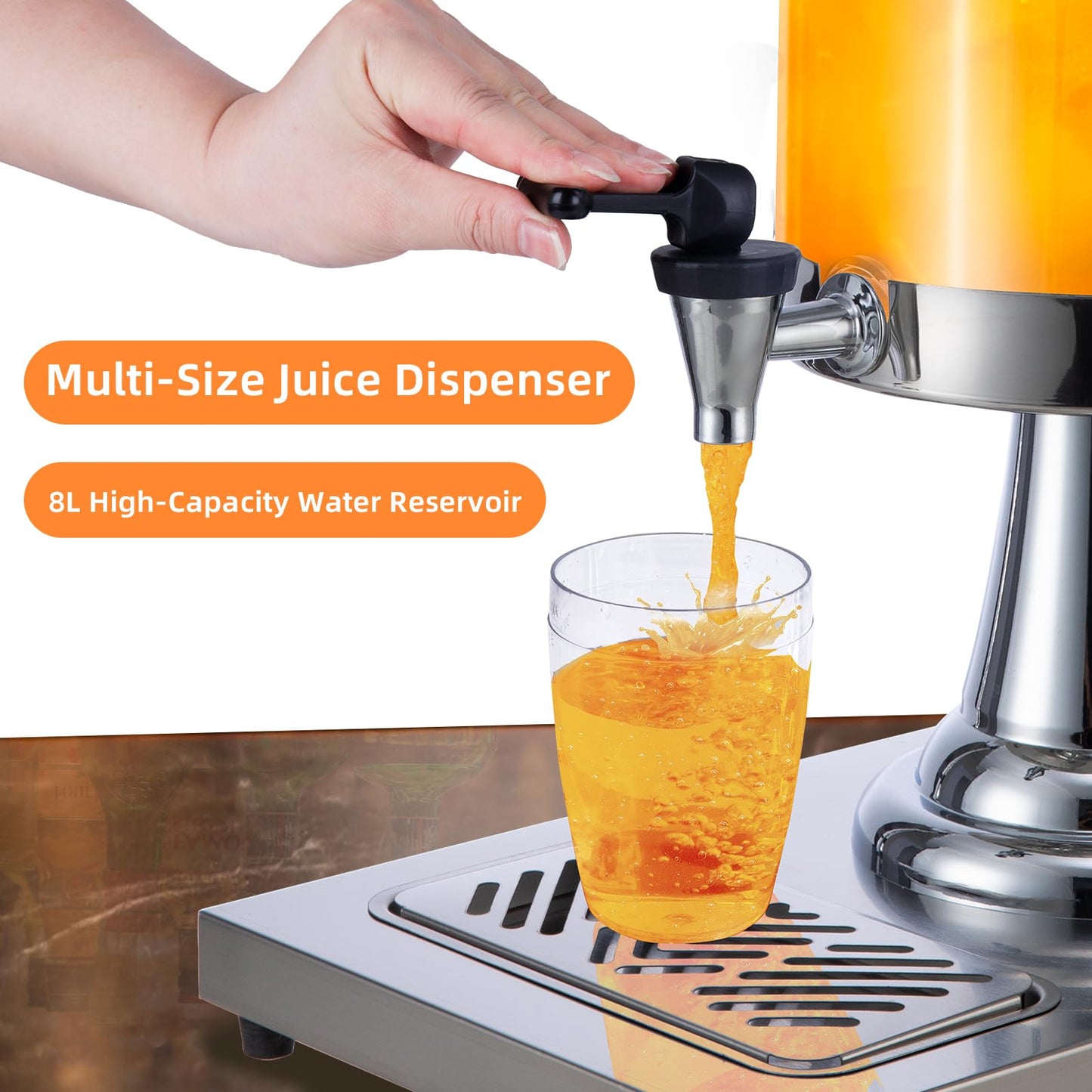2.11Gallon Commercial Beverage Dispenser with Centre Ice Core and Stand Drip Trays Stainless Steel Cold Drink Dispenser for Parties Pub Cafeteria Restaurant Home Hotel (silver, Three Head)