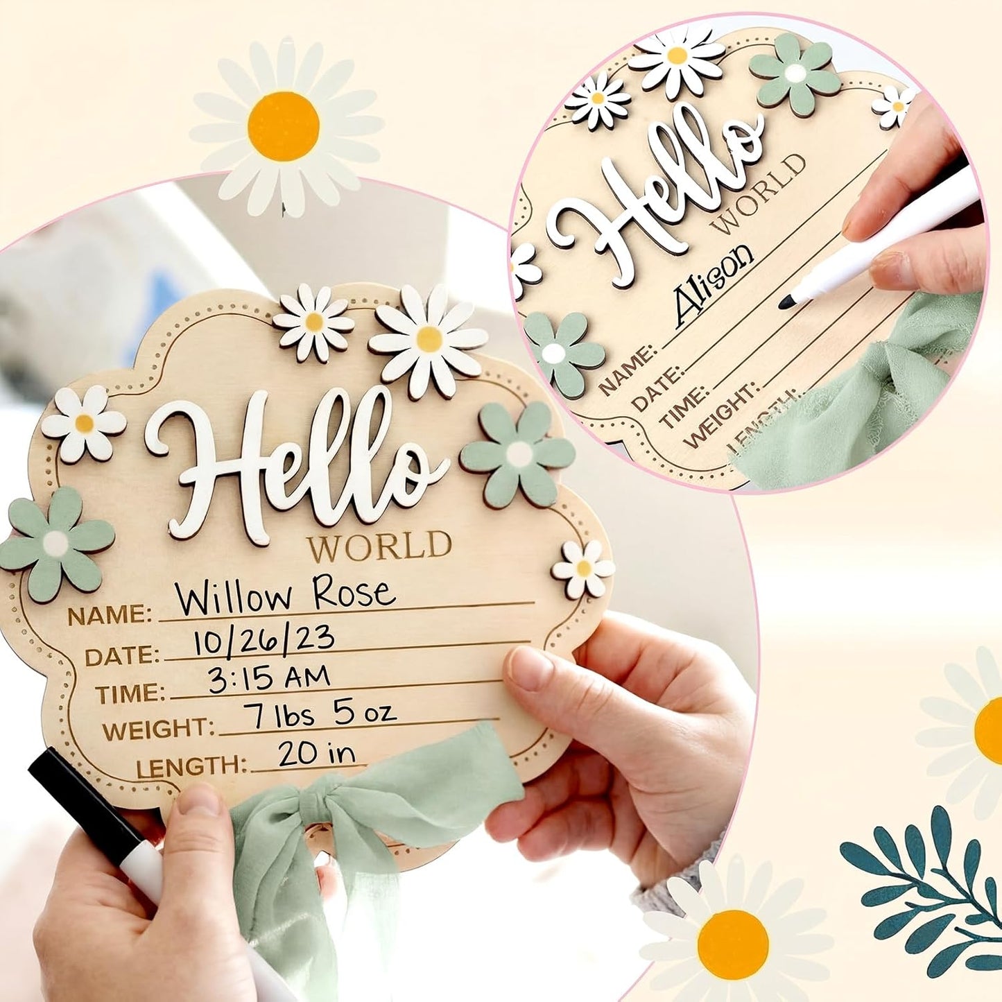 Amyhill Sage Green Bow Hello World Newborn Baby Sign Flower Baby Birth Announcement Sign with Pen Newborn Essentials