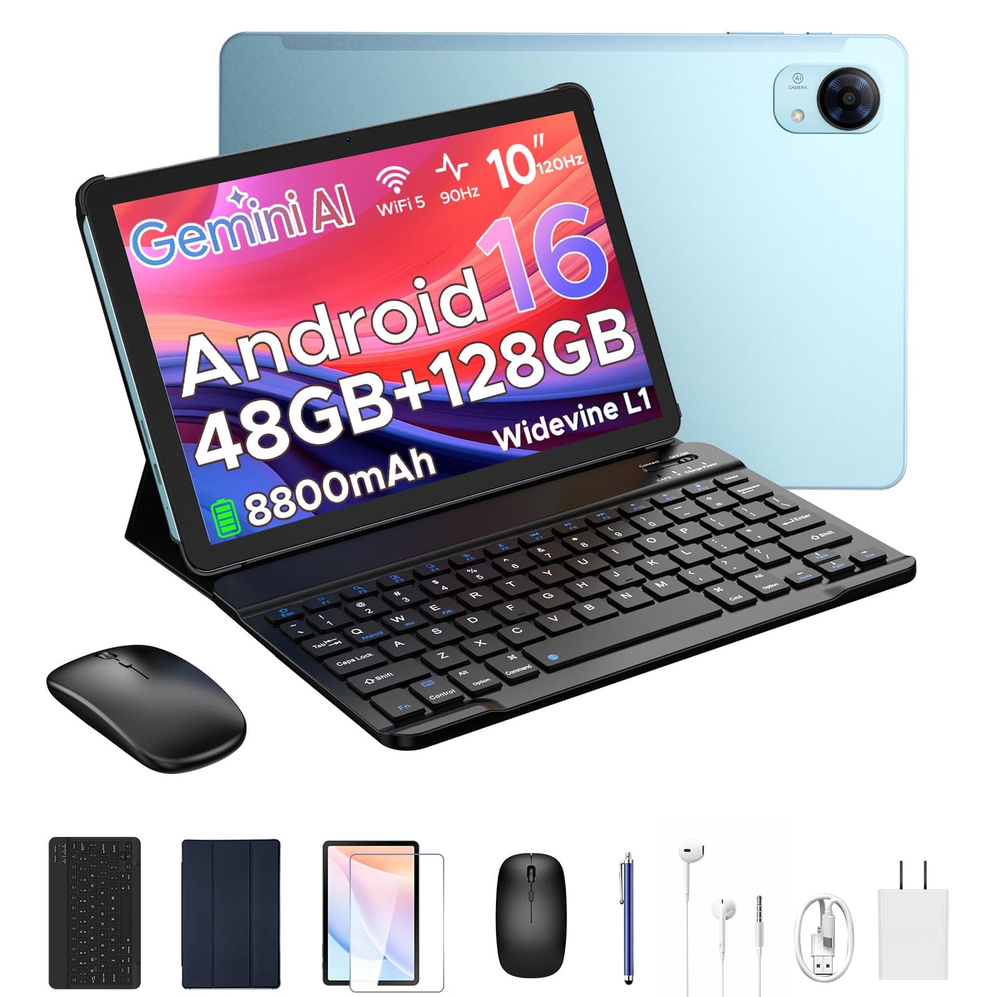 POPUX P10 PRO Android 16 Tablet, Tablet 10.1 Inch with 48GB+128GB/2TB, 120Hz Diaplay, T7250 Octa-Core, Tablet Android with 8800mAh, Widevine L1, Gemini AI, 13MP+5MP, Face ID, Keyboard, Pen, Blue