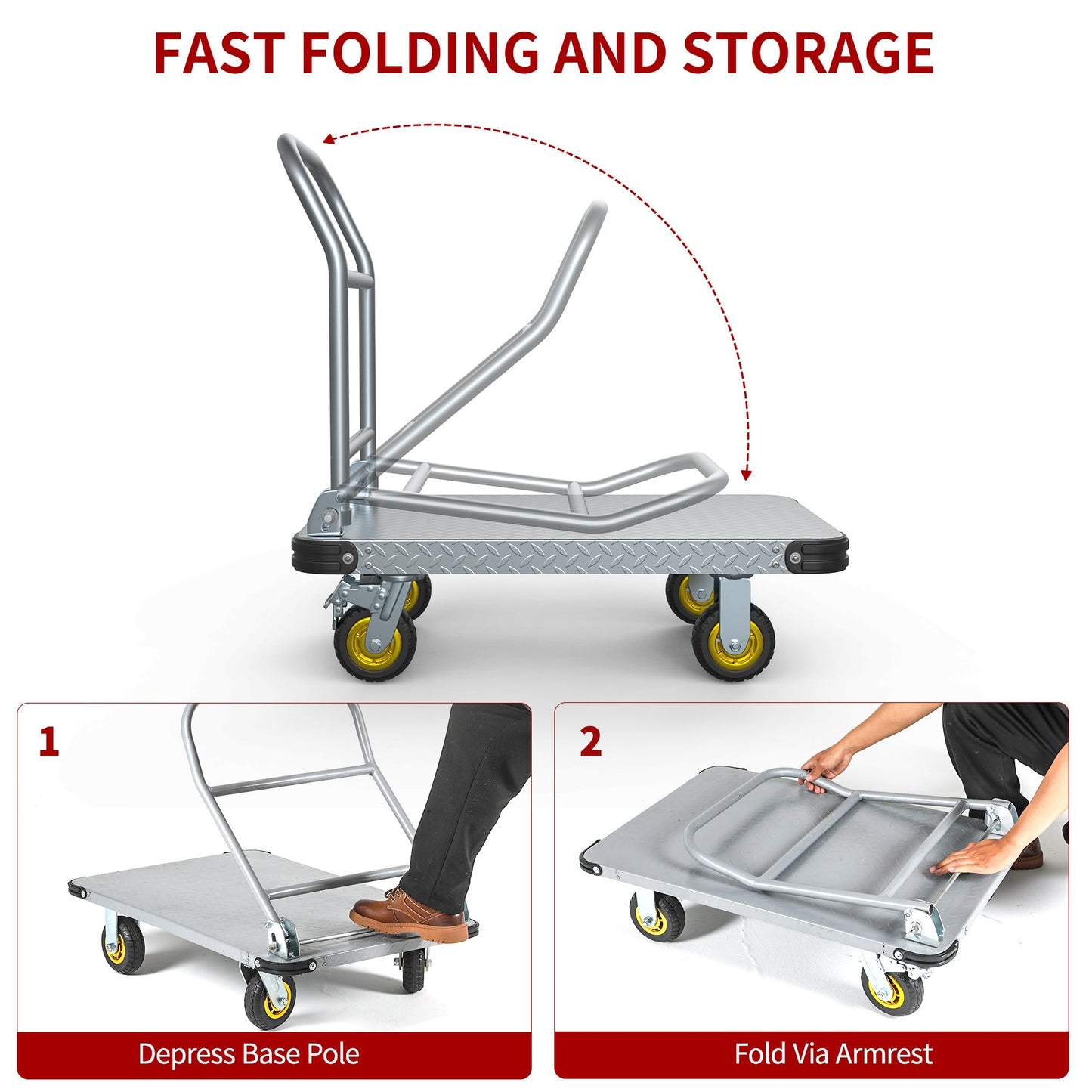 YITAMOTOR 2000 LBS Heavy Duty Platform Truck Push Cart Dolly, Foldable Large Flatbed Cart with 6" Swivel Wheels, Steel Platform Dolly Moving Cart Hand Truck for Groceries, Garage (36" x 24")
