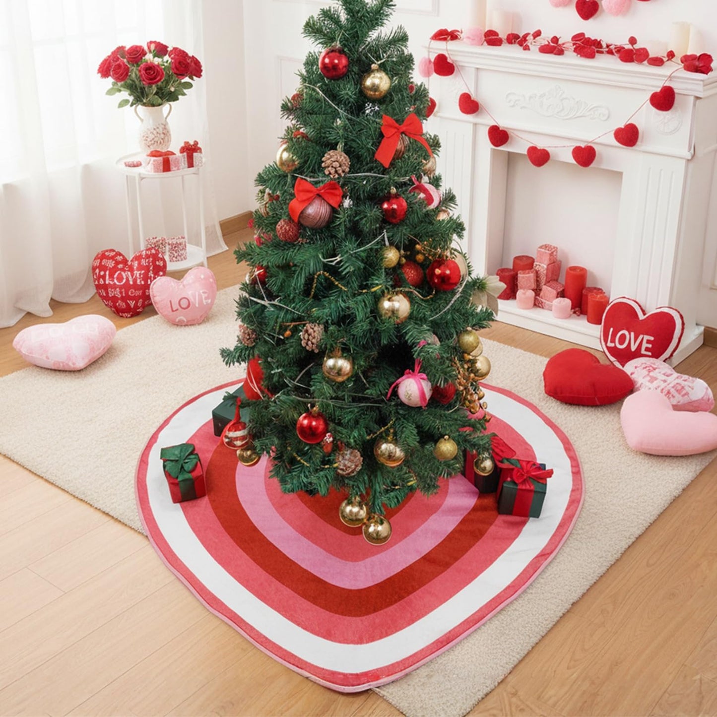 QIONG MENG Valentines Heart Tree Skirt Valentine‘s Day Tree Mat Decorations Valentine's Day 48 Inch Pink Decor for Home