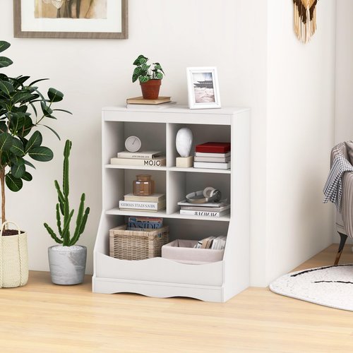 HONEY JOY Kids Toy Storage Organizer with Bookcase, 4-Cubby Organization Storage Cabinet w/Display Shelf, Wooden Toy Storage Unit for Playroom, Nursery Daycare(White)
