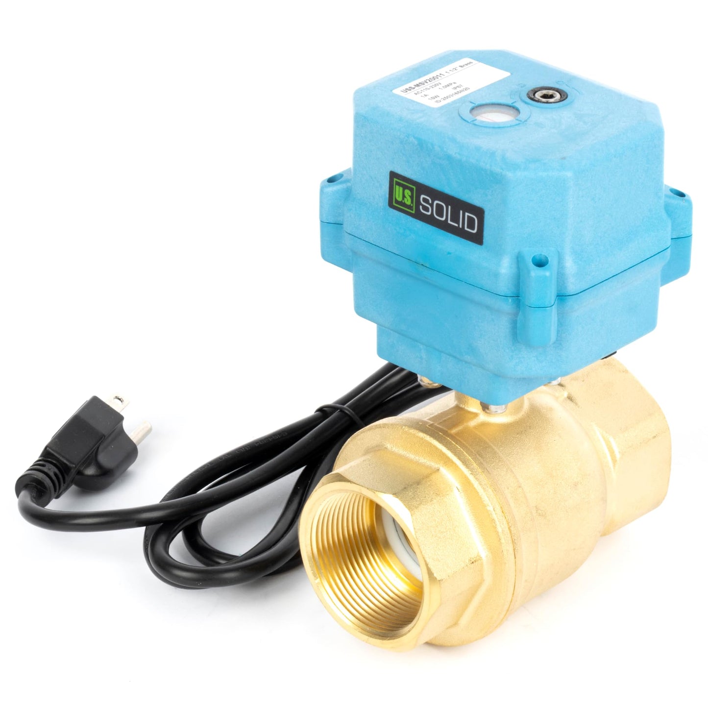 U.S. Solid 1-1/2" Motorized Ball Valve with US Plug 110VAC Brass Electrical Ball Valve, IP67, Manual Override, Direction Display Auto Return, Normally Closed, IP67