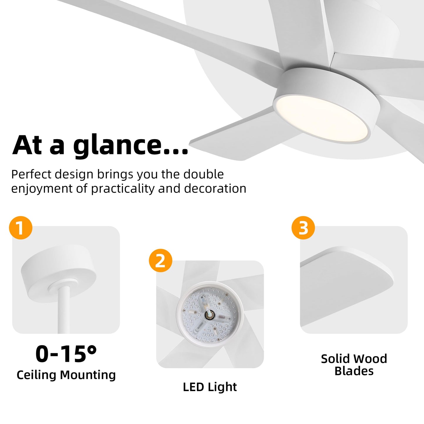 WINGBO 48 Inch DC Ceiling Fan with Lights and Remote Control, 5 Carved Solid Wood Blades, 6-Speed Noiseless Reversible DC Motor, Indoor Ceiling Fan in Gloss White Finish with White Blades