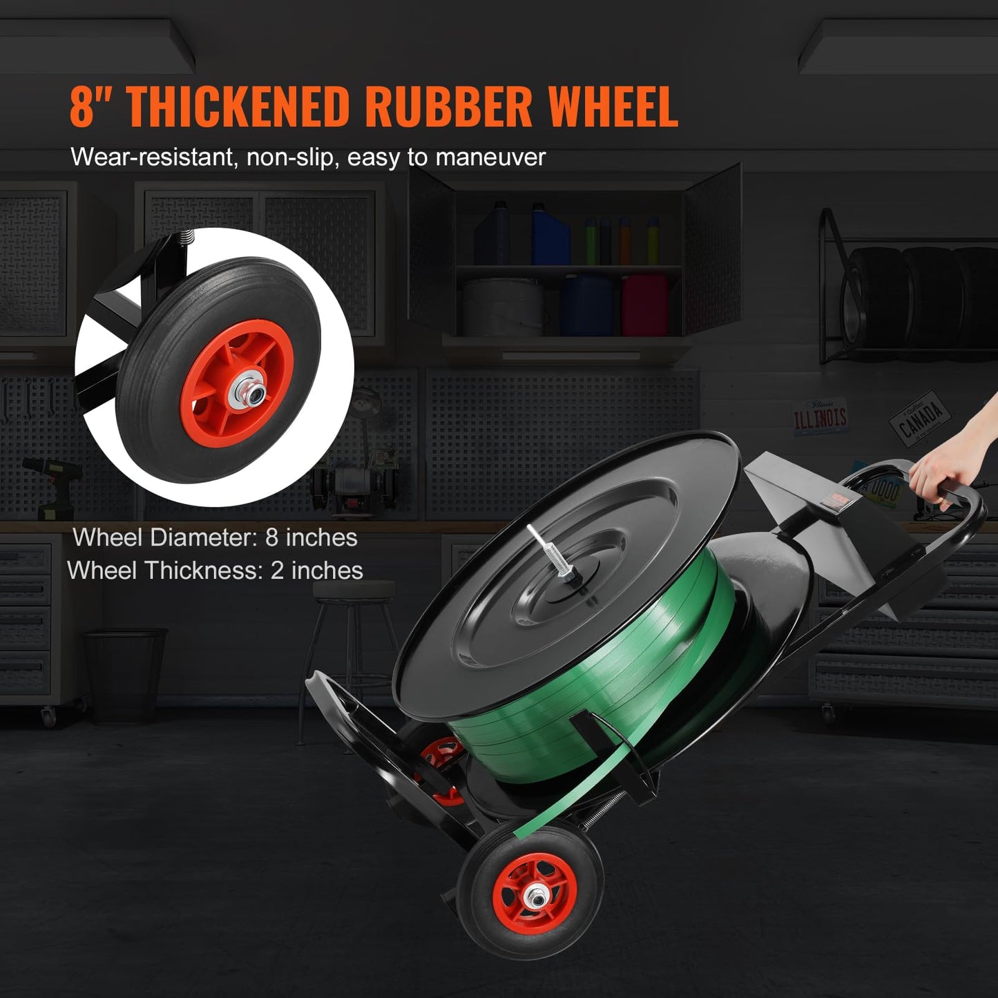 VEVOR Banding Strapping Cart, for PET/PP/Fiber Strapping Coils with 8" or 16" Core Size, Heavy Duty Strapping Dispenser, Equipped with Anti-Retreat Pulleys, Upgrade Brake System, Spacious Tray