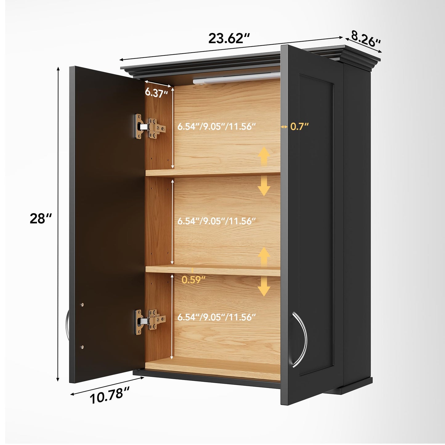 VANIRROR 23x30 Wall Mounted Bathroom Cabinet with Motion Sensor Light, Over The Toilet Medicine Cabinet Storage, 2-Door Black Wood Kitchen Cupboard with Adjustable Shelves & Soft Close Hinges