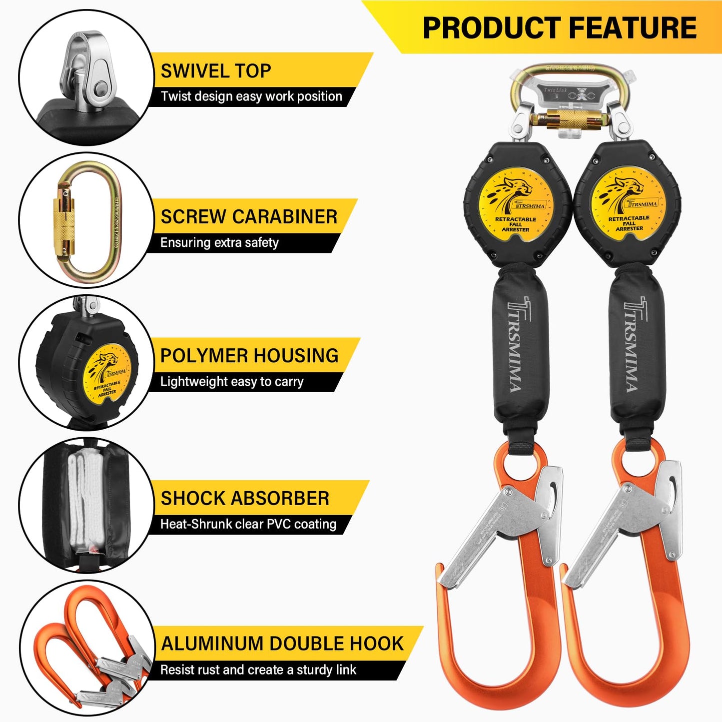 TRSMIMA Fall Protection Retractable Lanyard - 6FT Twin Leg Self Retracting Lanyard Tangle-Free Webbing Shock Absorber Dual Aluminum Rebar Hook Aluminum Carabiner ANSI