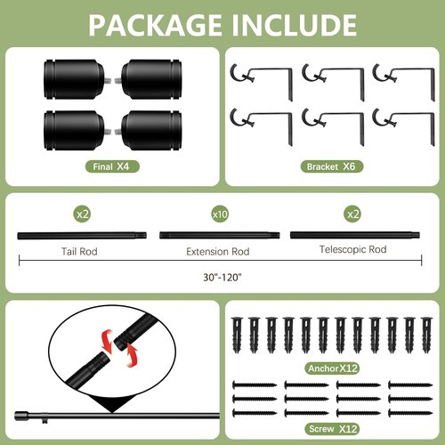 Adjustable Black Curtain Rods by [Brand Name] - 5/8” Diameter, 30-120 Inch for Windows | 2 Pack with Brackets