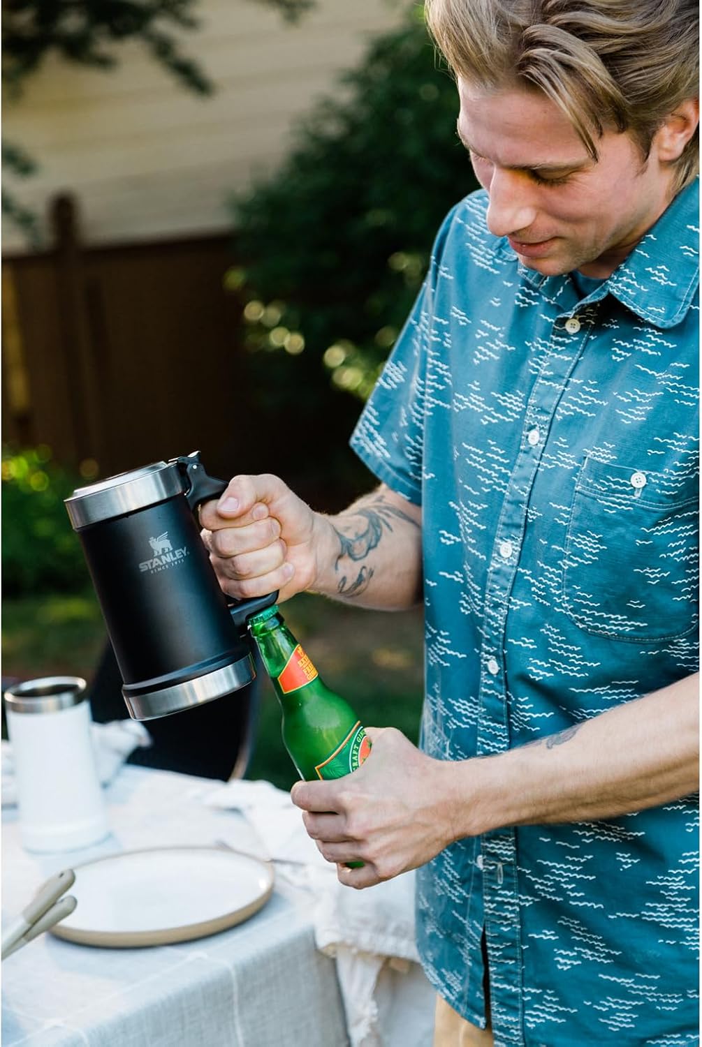 STANLEY Classic Beer Stein - 24 oz Insulated Stainless Steel Mug with Flip Up Lid & Built-In Opener | Hammertone Green