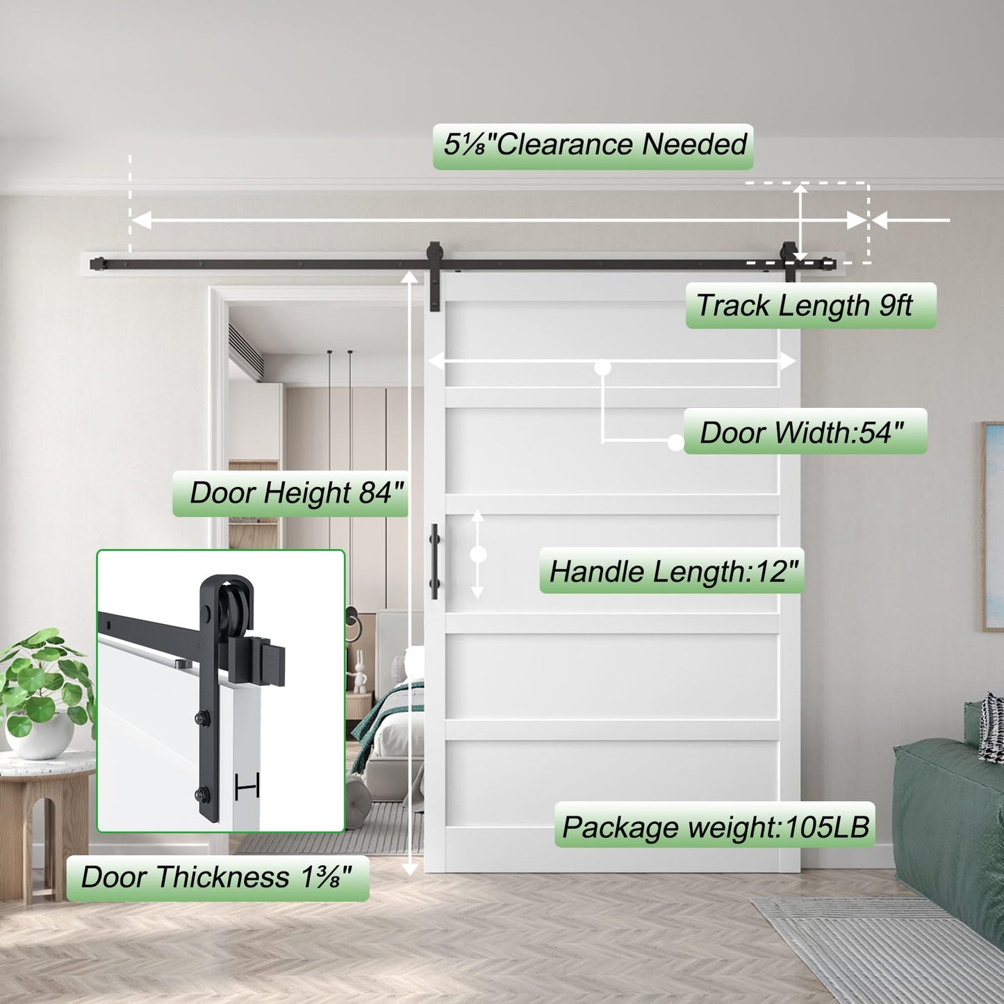 Fredbeck 54x84 inch White Barn Door with 9FT Sliding Door Hardware Kit Included & Handle,MDF,Solid PVC Surface,DIY Assembly,5-Panel