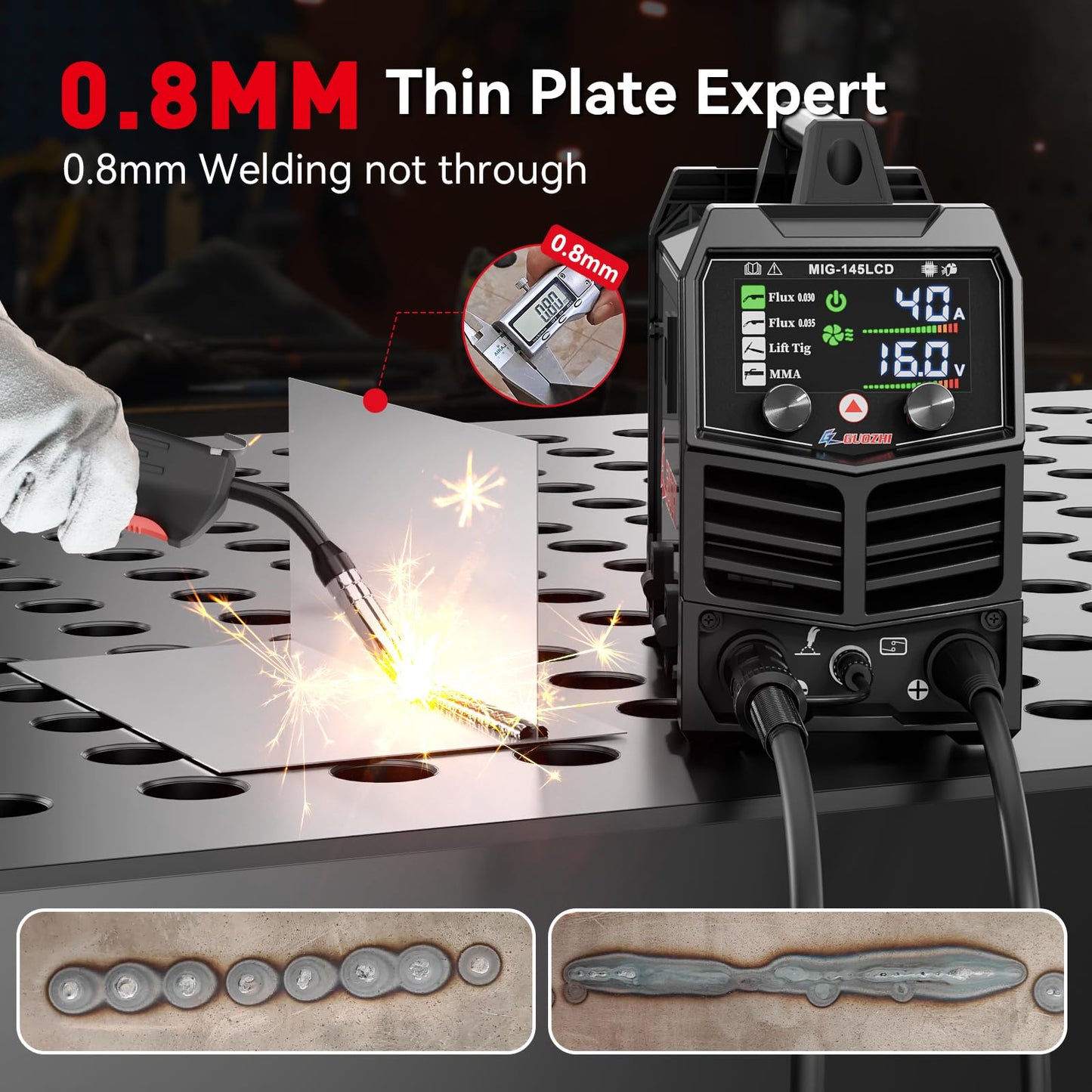 GZ GUOZHI 145A MIG Welder, 3 in 1 Welders FLUX MIG/Lift TIG/ARC Multi-Process Welder, 110V Welding Machine, ‌Flux Core Welder with upgrade Large LCD Screen