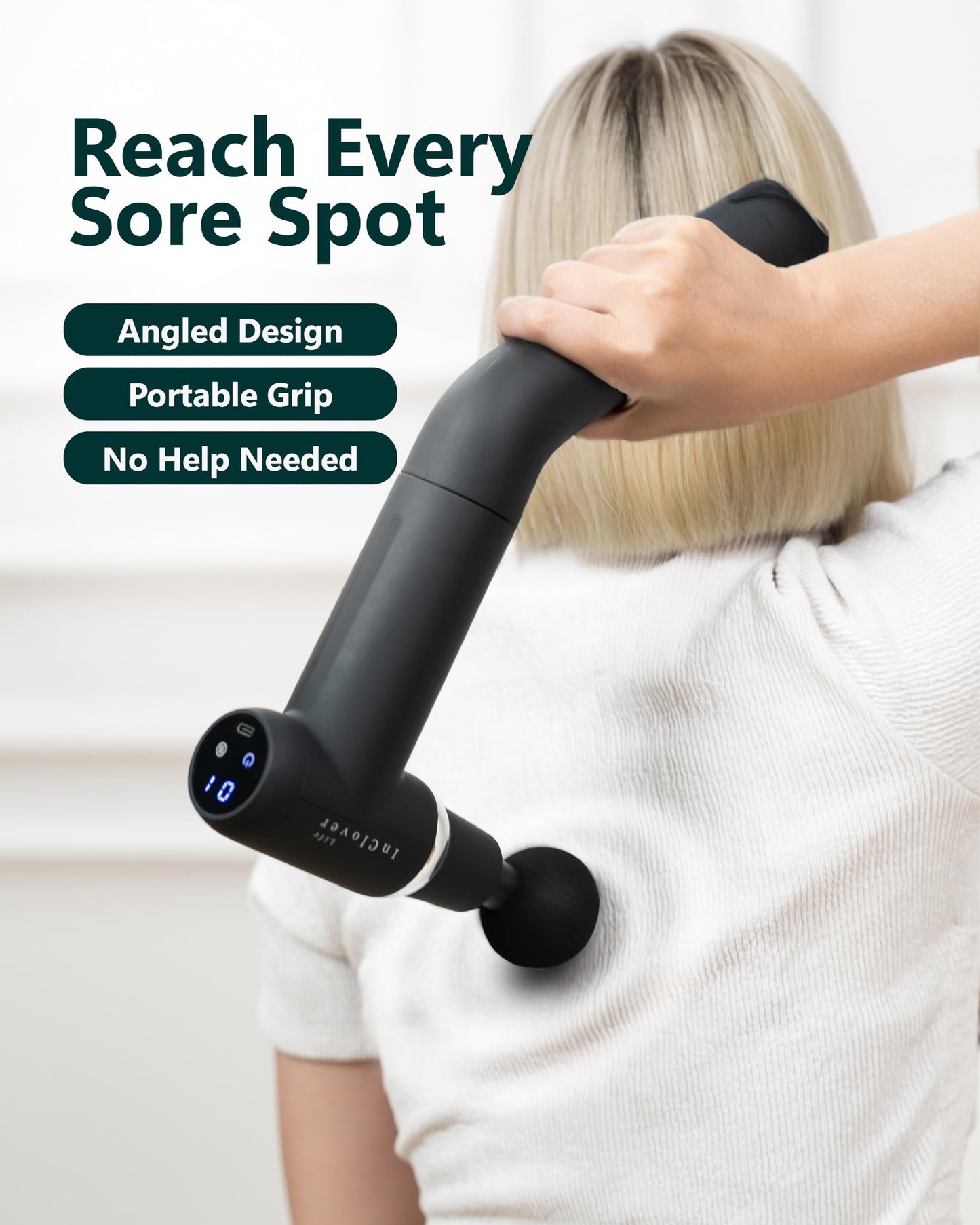 InClover Life Massage Gun with Detachable Extension Handle for Deep Tissue Muscle Massage – Handheld Back & Shoulder Percussion Heated Massager for Men & Women. Professional Pain Relief Massage Tool.