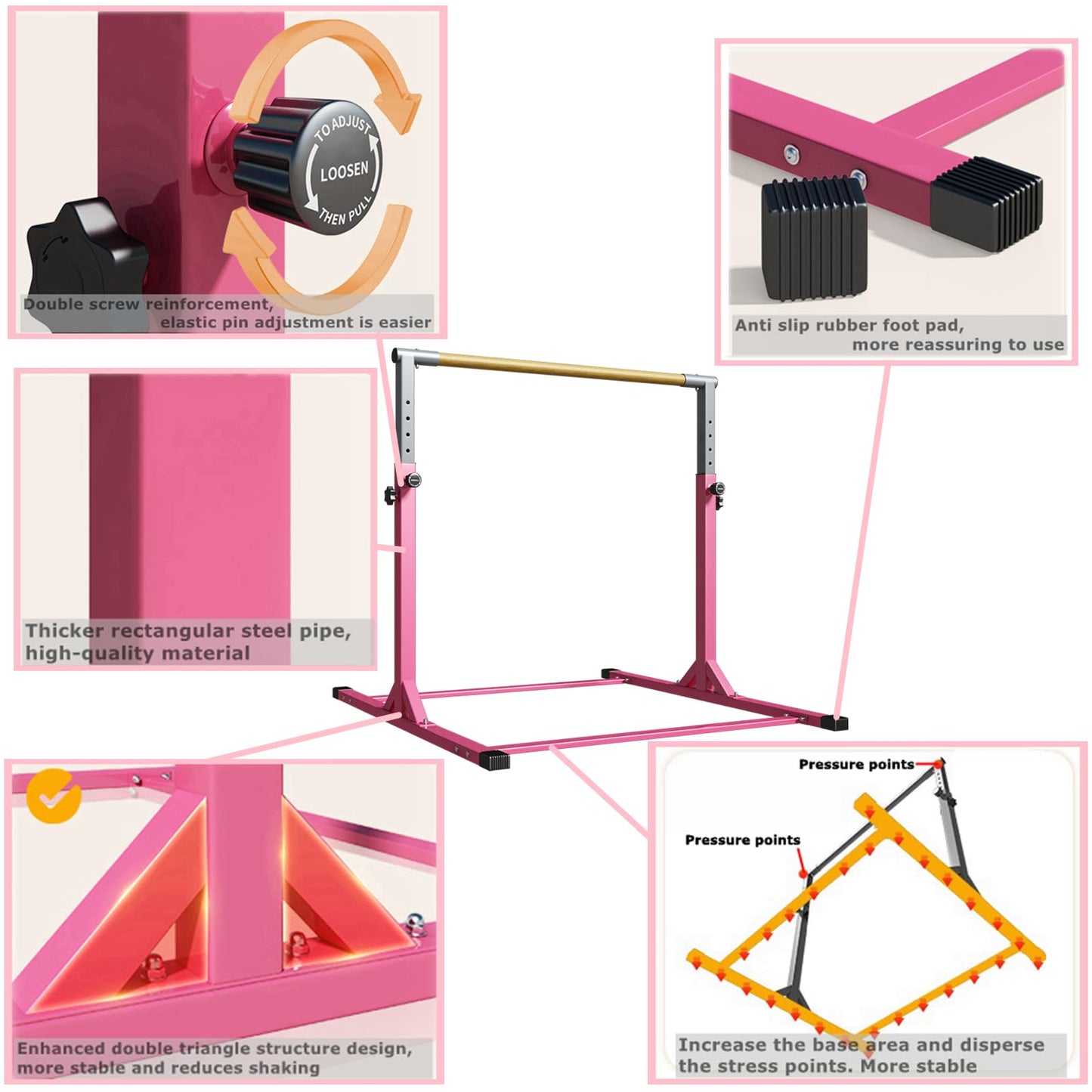 MEKETUM Gymnastic Kip Bar for Kids Training Horizontal Bars for Home Ages 3-15 Adjustable Height Non-Slip Gym Equipment Indoor with Rings