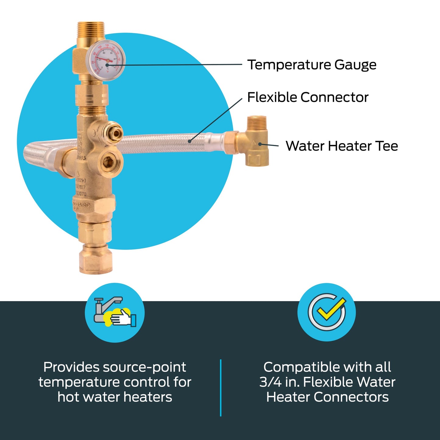 Cash Acme 3/4 Inch Tank Booster Water Heater with Thermostatic Mixing Valve, Temperature Gauge, Braided Hose, Domestic and Commercial Application, PEX Pipe, PE-RT, CPVC, Copper, 24644