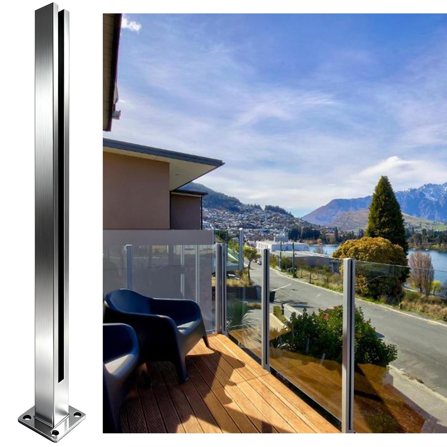 DEVALLEY 3ft(41.34") Glass Balustrade End Post with Mounting Strip,Silver Garden Privacy Fence Posts with Spigot Slot & Sturdy Base for Glass,Wood,PVC,DIY Serial Post for Steps,Balcony,Deck,Yard