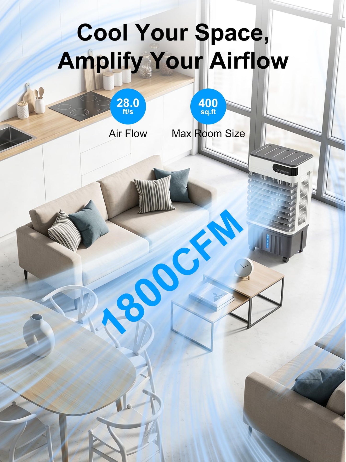 Uthfy Swamp Cooler, 30 Inch Evaporative Air Cooler with 5.3 Gal Large Water Tank, 1800 CFM, 120° Oscillation, 3 Modes & 3 Speeds, Remote, 12 H Timer, 4 Ice Packs, Portable Air Conditioner for Outdoor