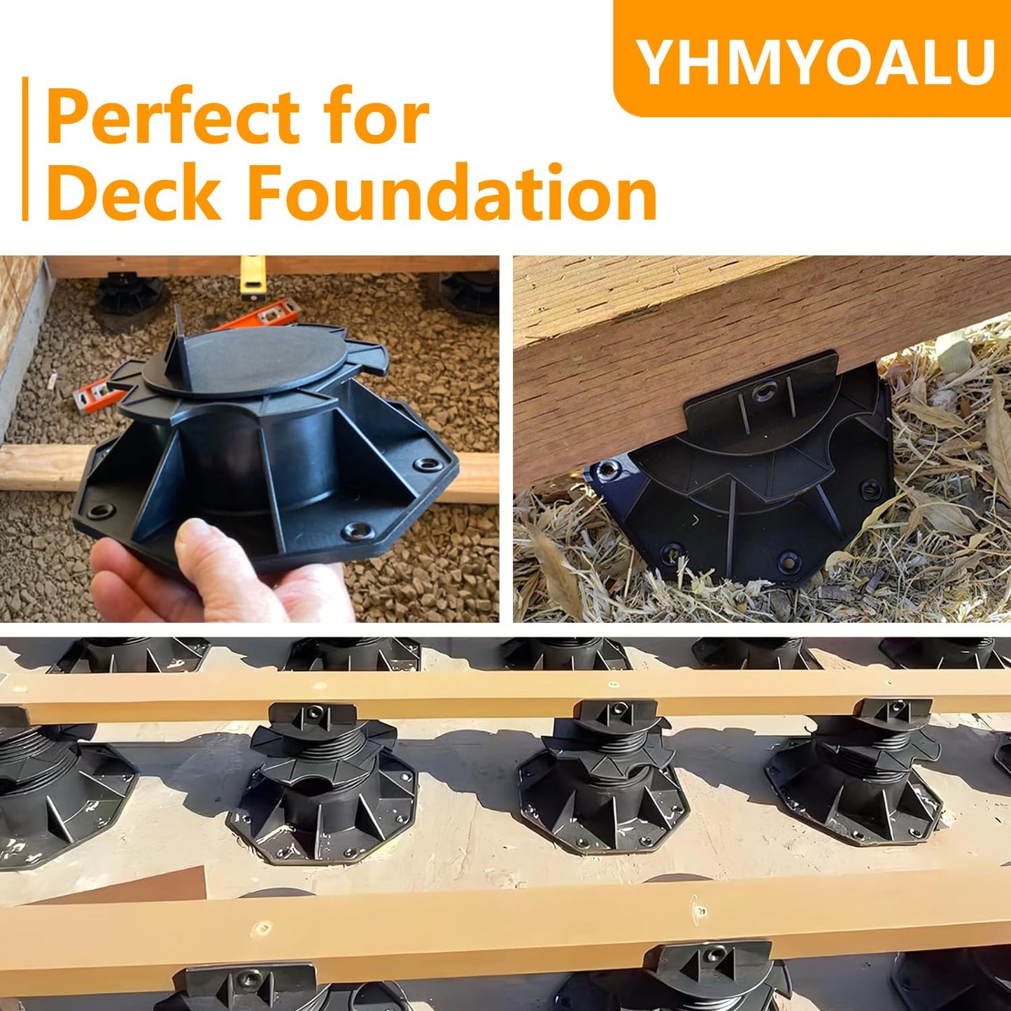 24 Pack Adjustable Deck Support Pedestal Deck Foundation Base Support，Used for Floating Deck Platform Deck Floor Height Adjustment Raising, Adjustment Raising from 2-3/8" to 5-1/2", Black
