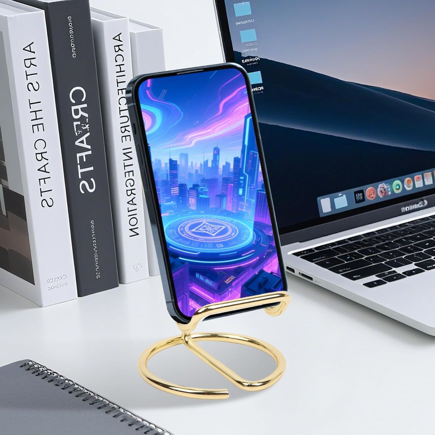 CREECHWA Gold Desk Accessories, Electroplated Metal Phone Holder and Bussiness Card Stand, Cute Office Supplies