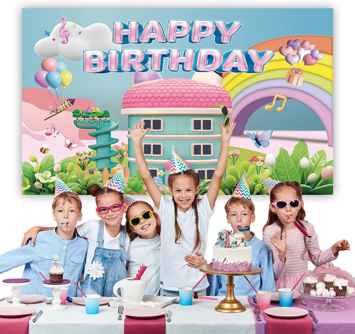 YTHKJS 5 3FT * Rainbow Dollhouse Birthday Party Backdrop Decorations,Rainbow Dollhouse Theme Party Supplies