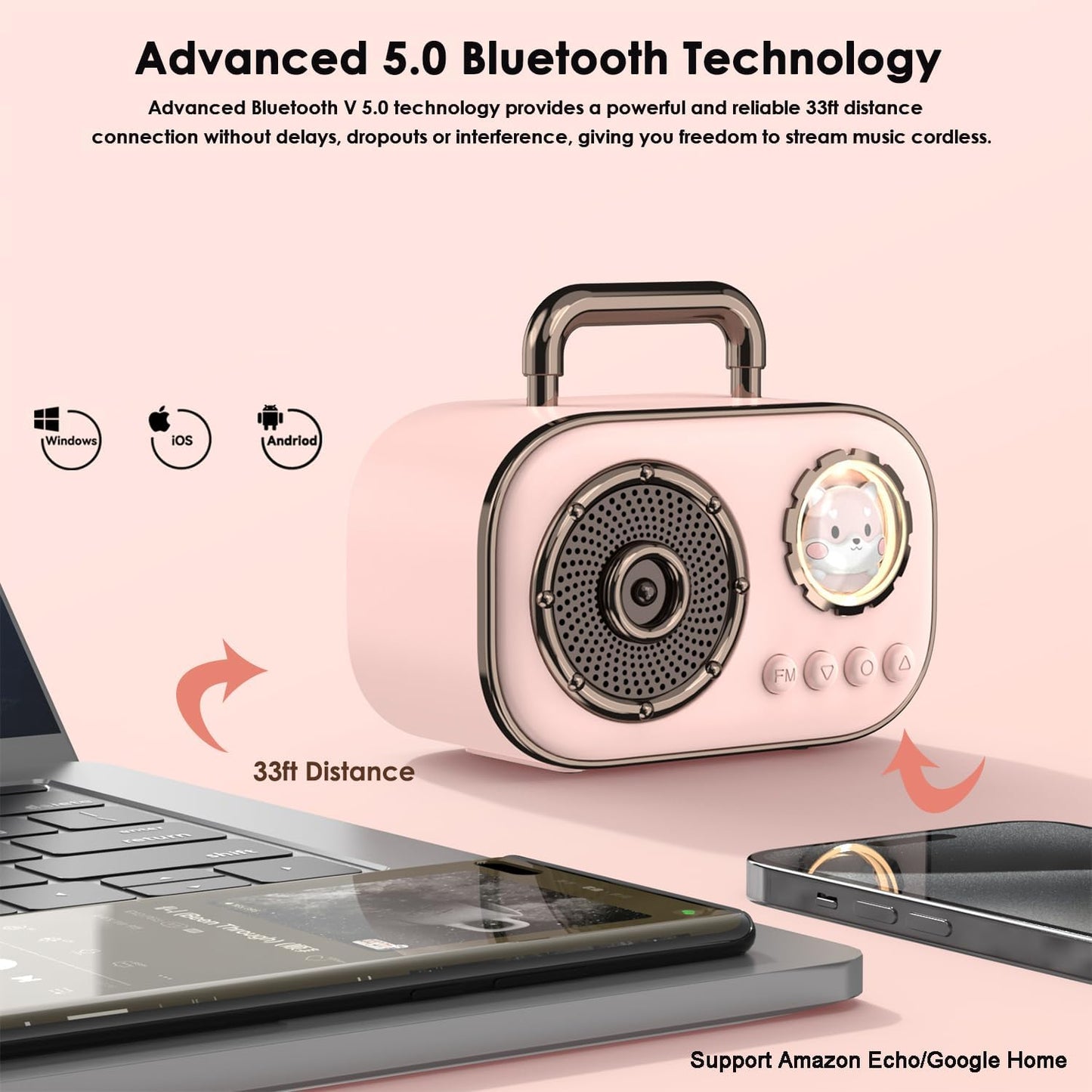 SpringFlora Sound,4H Wireless Bluetooth Speaker, Cute Mini Portable Speaker,Loud Playtime, Mic,TF/SD Card, Aux