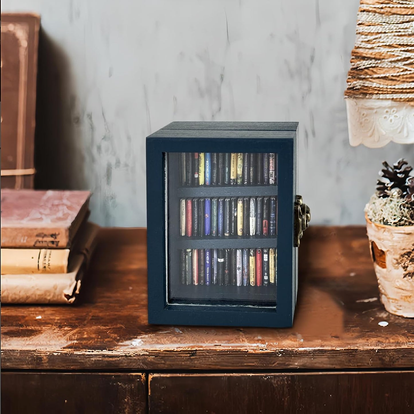 Skiennix Mini Bookshelf Ornament - Shake Away Your Anxiety | 60 Mini Books for Home Office Decor (Blue)