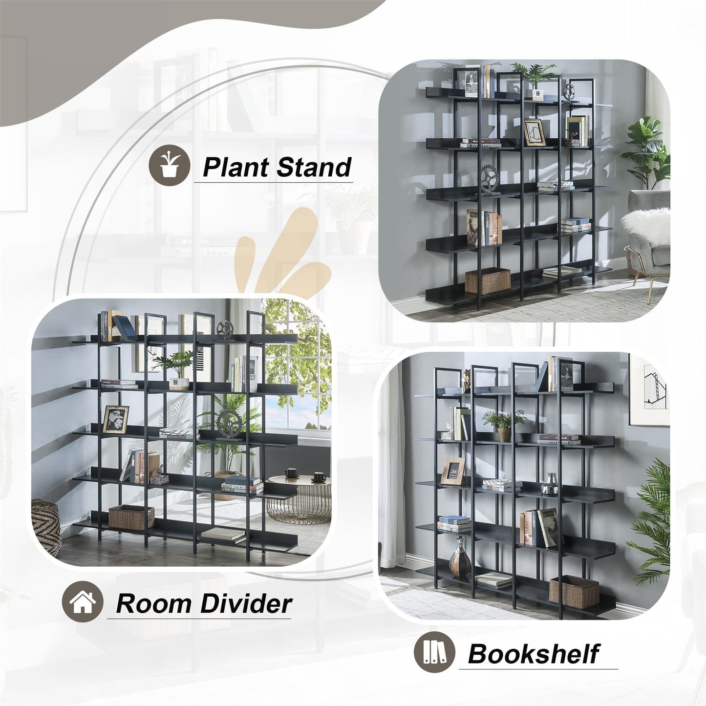 LKJYBG 5-Tier Bookcase with Metal Frame Vintage Open Bookshelf Industrial Style Book Case for Home Office Living Room Grey