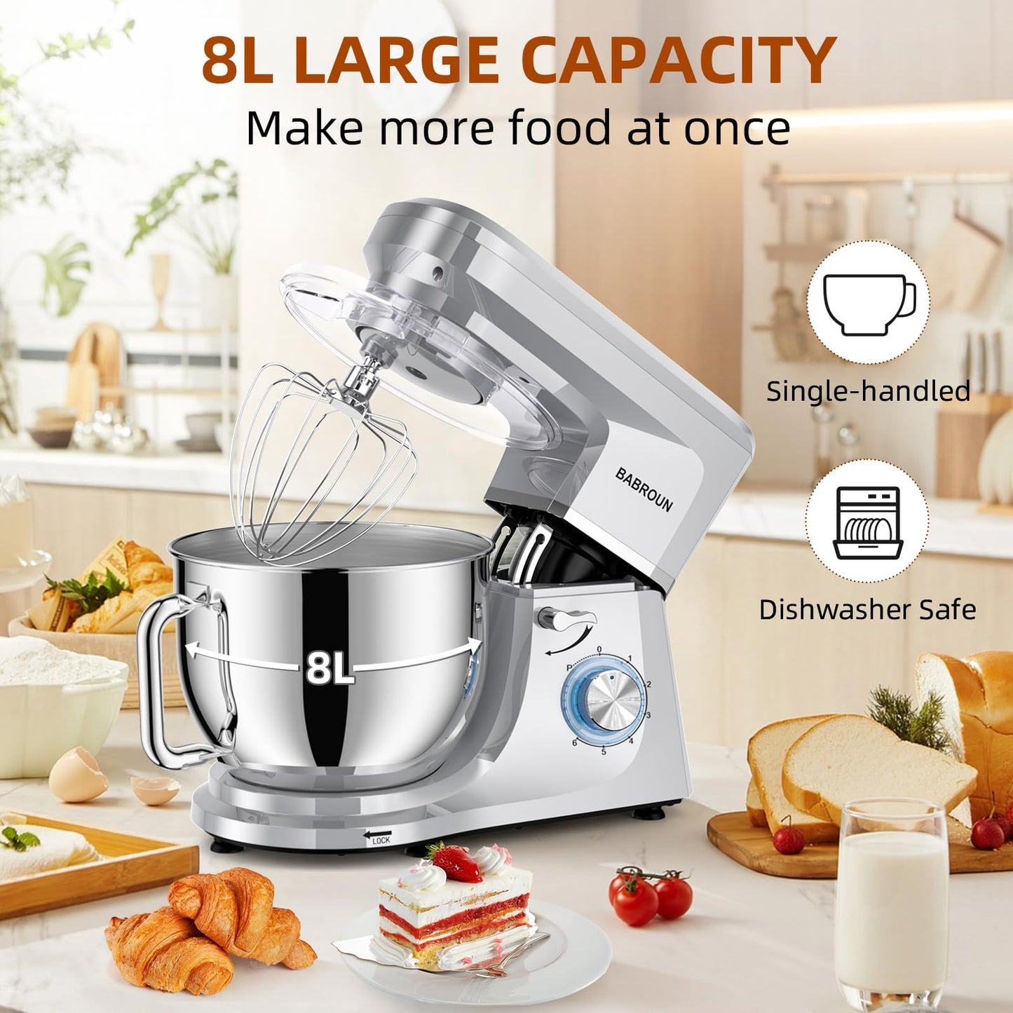 Babroun Dough Mixer 8.45 QT Electric Mixer - 660W 6 Speed Large Capacity Kitchen Stand Mixer with Whisk Dough Hook Mixing Beater Household Food Mixer for Baking Cakes Cookie Bread Salad(Silver)