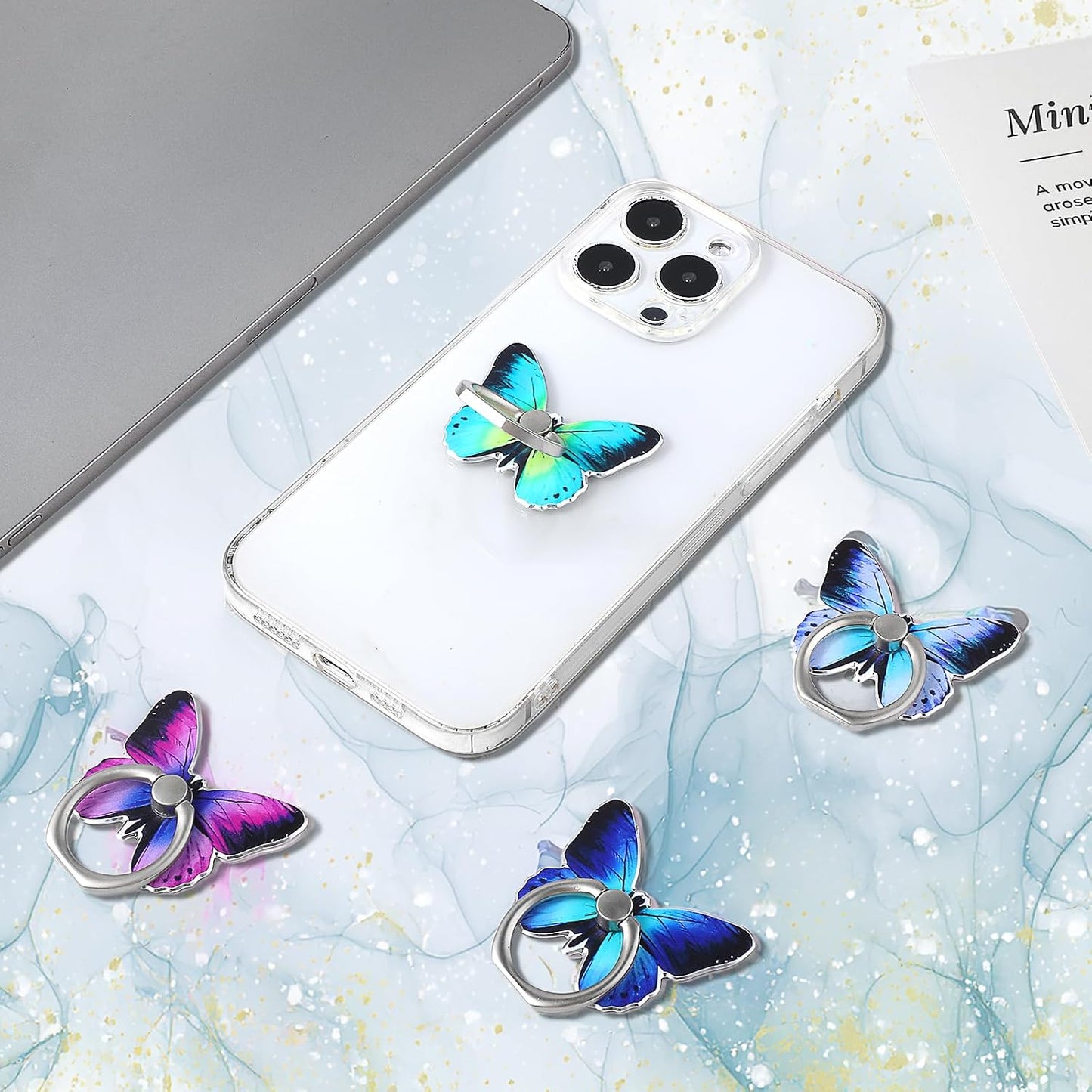 Bremorou 4Pcs 360 Butterfly Cell Phone Ring Stand Holder Cute Metal Butterfly Shaped Cellphone Grip Rotating Metal Hand