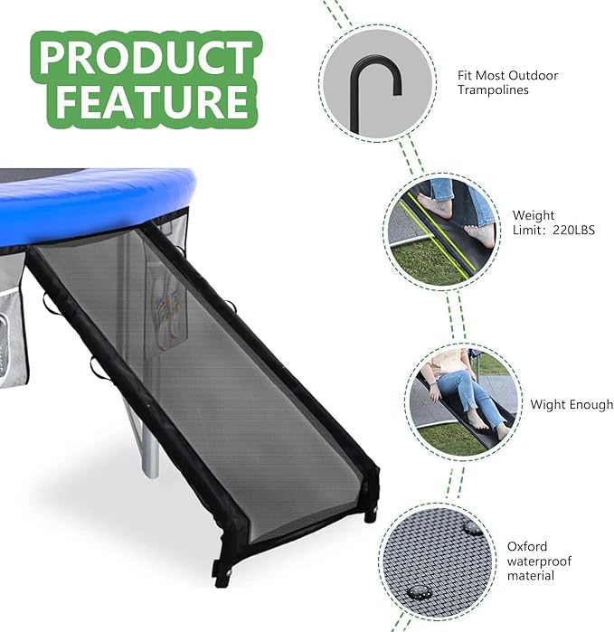 Eurmax USA Universal Easy-to-Assemble Trampoline Slide Ladder, Heavy Duty Steel Trampoline Accessory Slide for Kids Climb Up&Slide Down/Black with Shoes Pocket