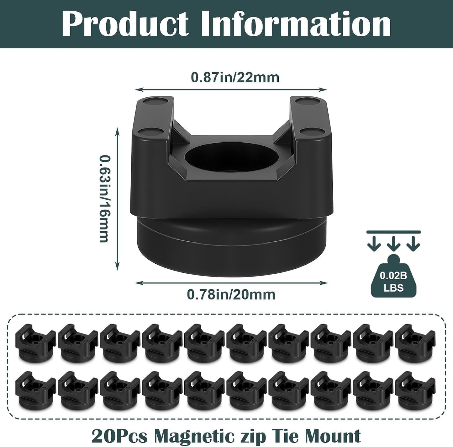 20 (22 mm) Pcs Magnetic Zip Tie Mount Base, Black Magnetic Cable Clip, Multipurpose Cable Ties Management Base