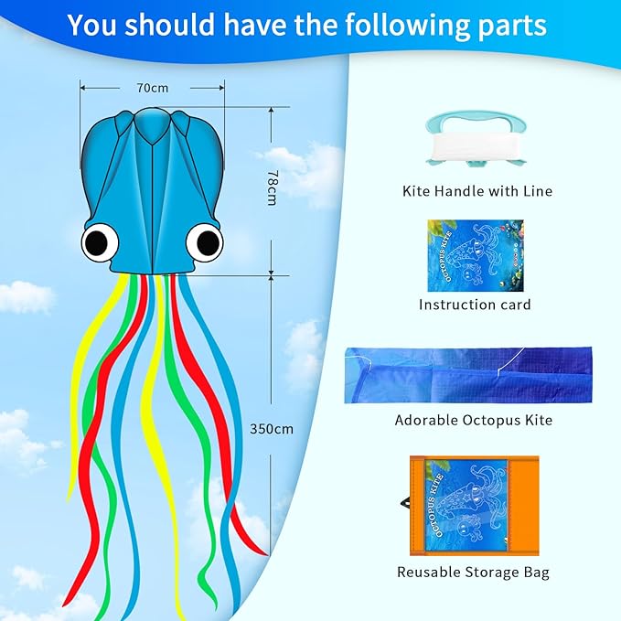 Xida Octopus Kite for Kids Ages 4-8, Professional Kites for Beginners and Adults, Easy to Fly Beach Kites for Boys and Girls, Long Colorful Tail with 200ft Line, Large Kite for Outdoor Family Games