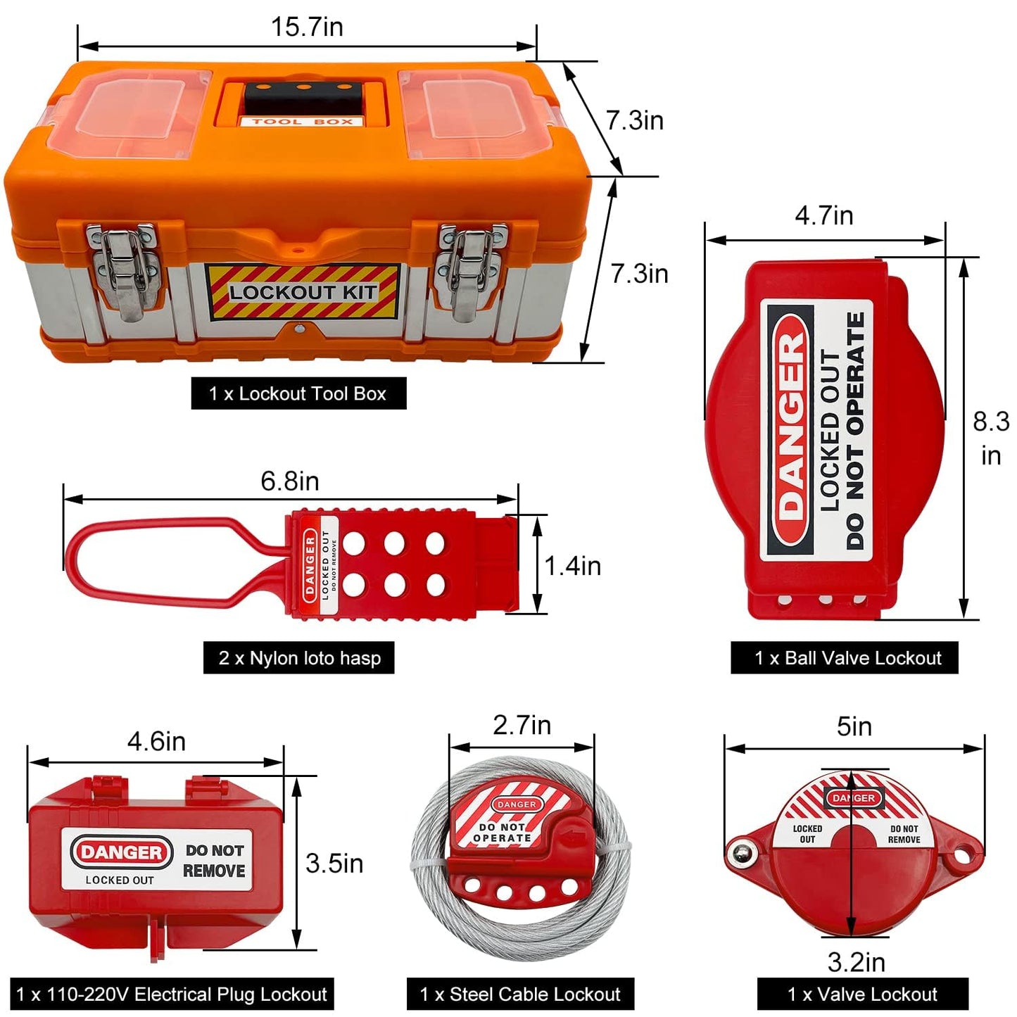 SAFBY Lockout Tagout Kit Electrical Loto - Clamp-On Circuit Breaker Lockout, Group Lockout Hasps, Lockout Tag, Universal Multi- Pole Breaker for Kit Station (Box Orange Kit)