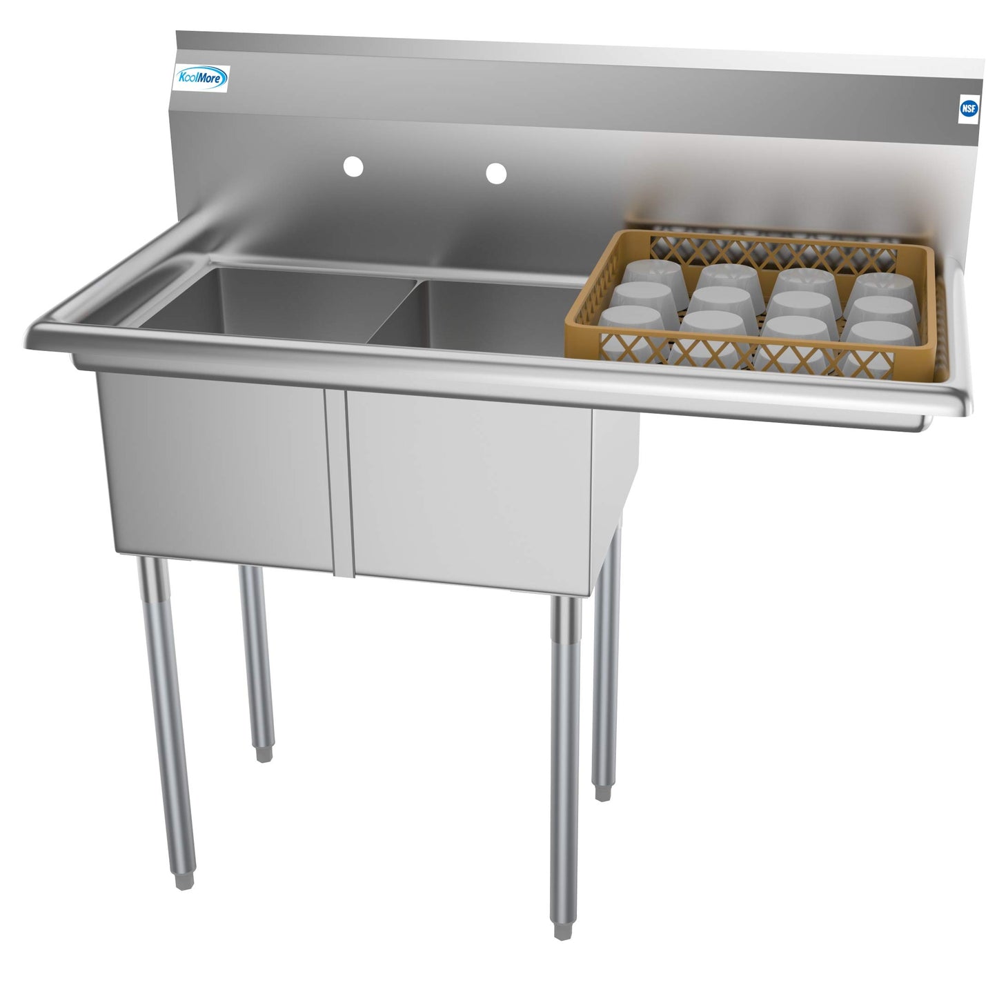 KoolMore - SB121610-16R3 2 Compartment Stainless Steel NSF Commercial Kitchen Prep & Utility Sink with Drainboard - Bowl Size 12" x 16" x 10", Silver