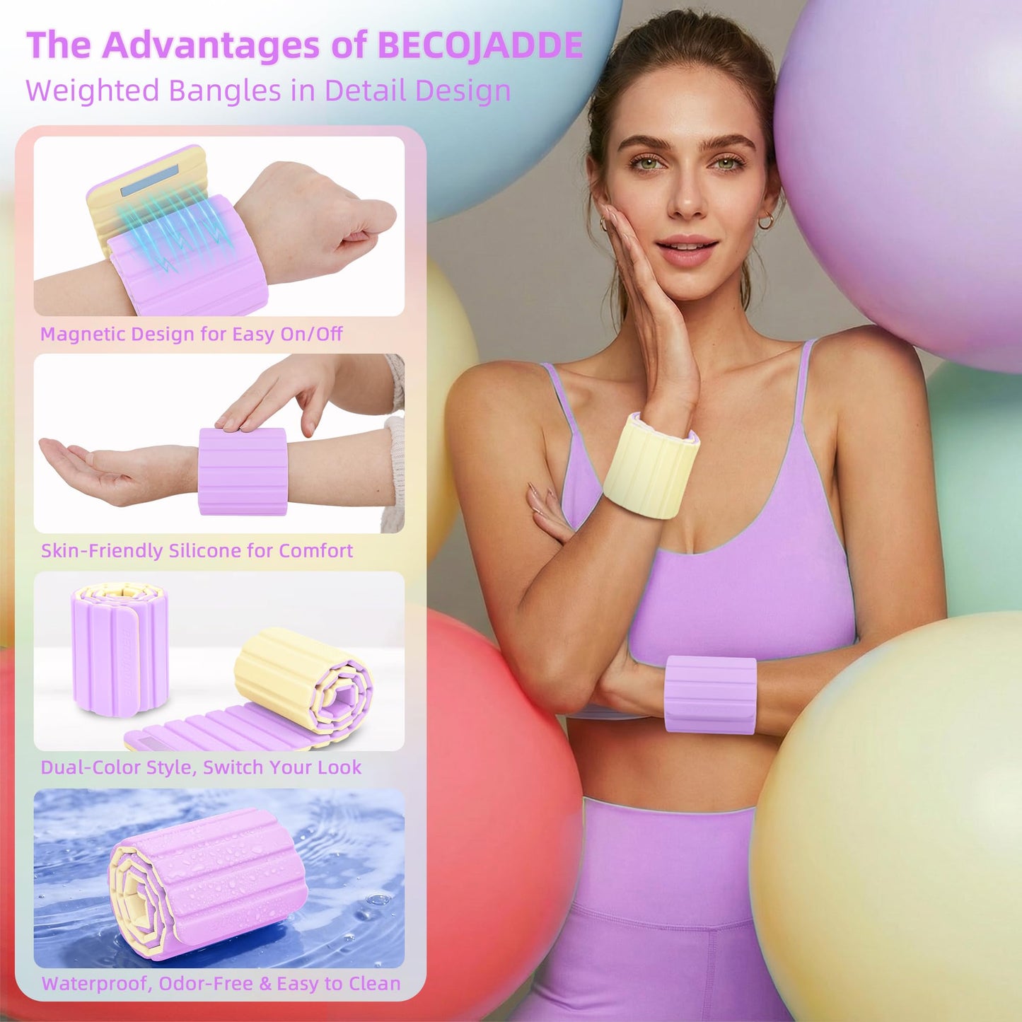 BECOJADDE Wrist Weights Ankle Weights for Women 1 Pair (1.1 lb Each) Silicone Magnetic Leg Arm Weighted Bracelet for Home Yoga Pilates Gym Workout Walking Jogging, Yellow Lavender