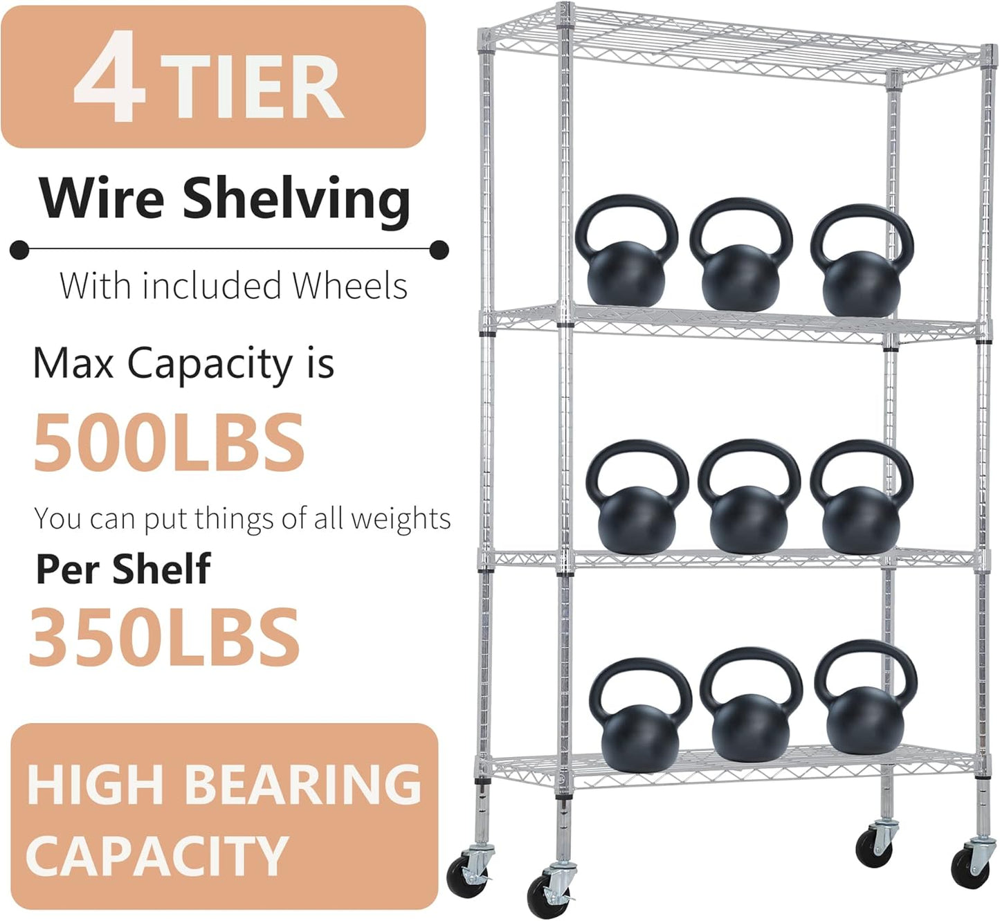 BestOffice 4-Tier Wire Storage Shelves - Heavy-Duty Metal Racks with Wheels | 36x14x62 | Chrome Finish | No-Tool Assembly for Home & Garage