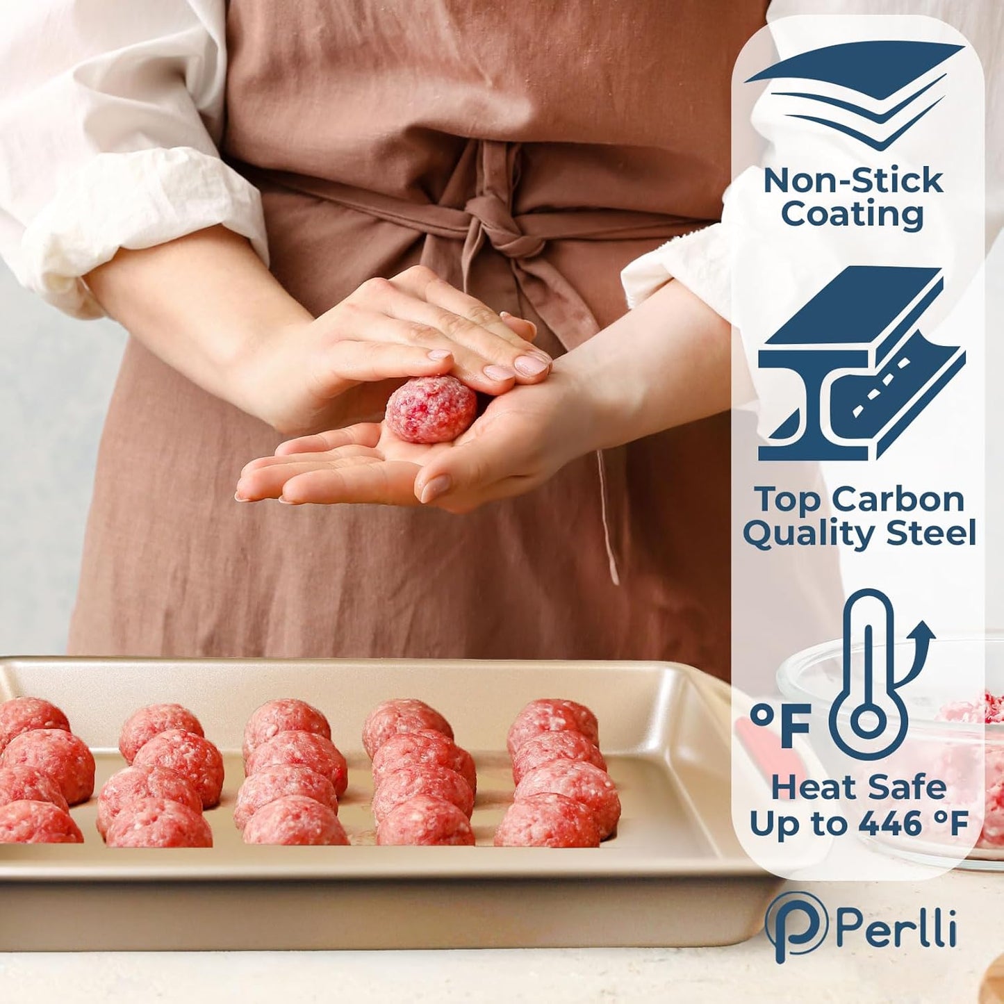 Perlli Baking Kit - Nonstick Gold Steel Oven Set with Silicone Handles | 6-Piece Bakeware Collection
