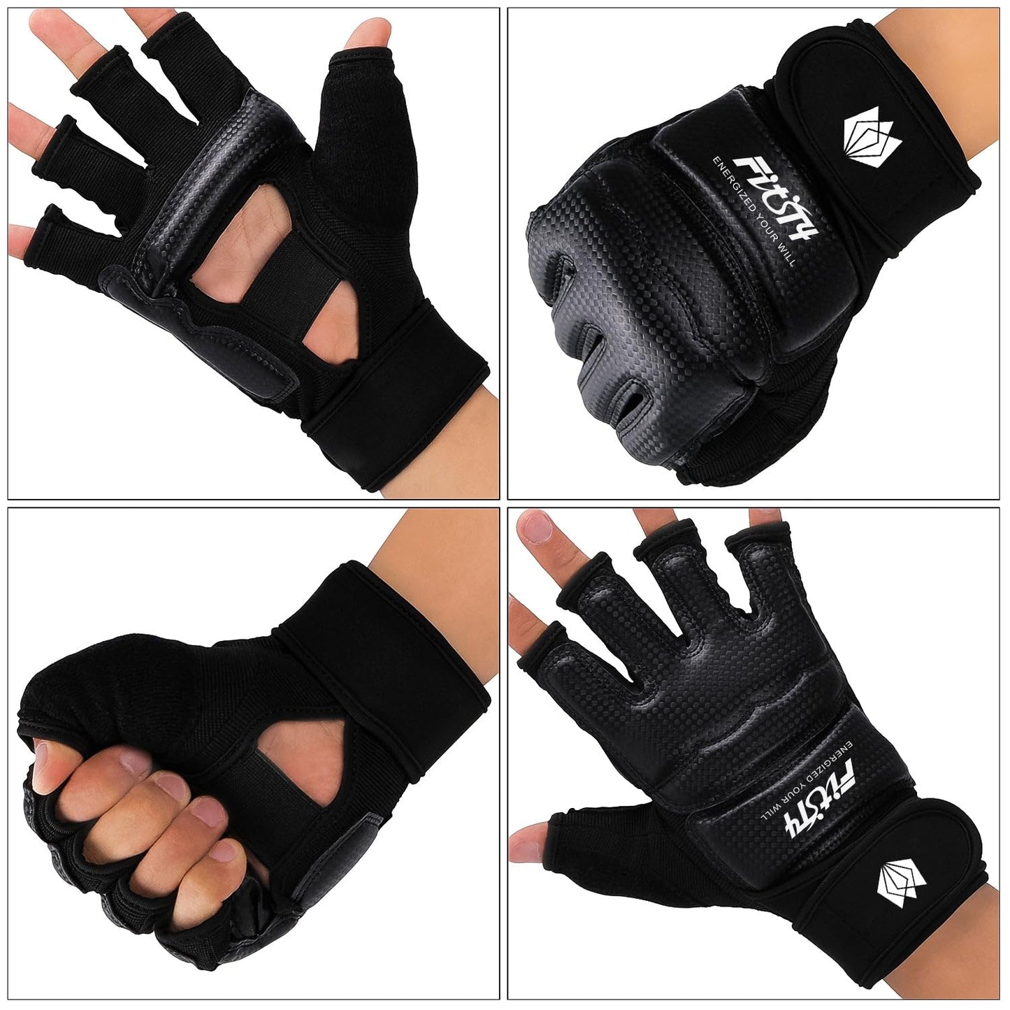 FitsT4 Sports Half Mitts MMA UFC Training Boxing Punch Bag Kickboxing Sparring Grappling Martial Arts Muay Thai Taekwondo Wrist Wraps Support Gloves for Women Men Kids Black L