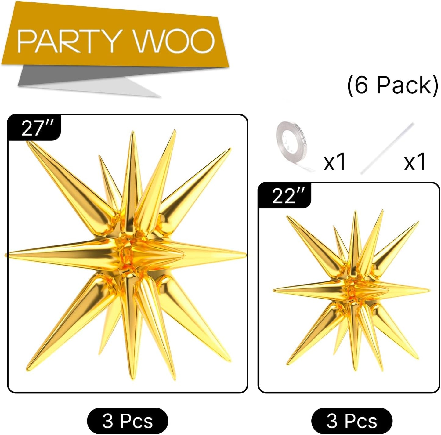 PartyWoo Metallic Gold Star Foil Balloons - 6 Different Sizes | 22-Inch Mylar Balloons for Celebrations