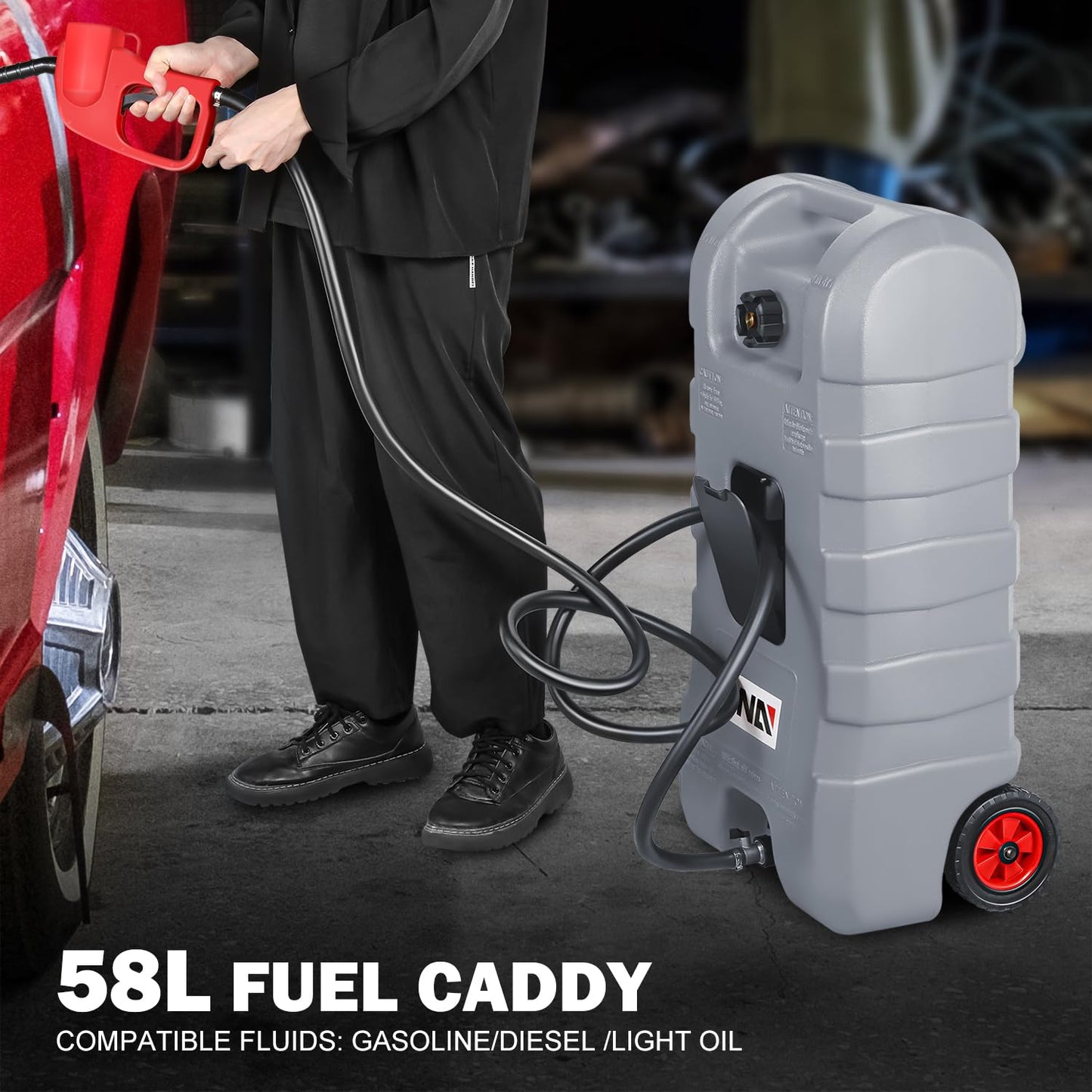 ‎DNA MOTORING 58L Portable Fuel Caddy Tank Container for Gasoline Diesel Light Oil,13 Gallon, 2 Gal/Min,Grey,TOOLS-00302
